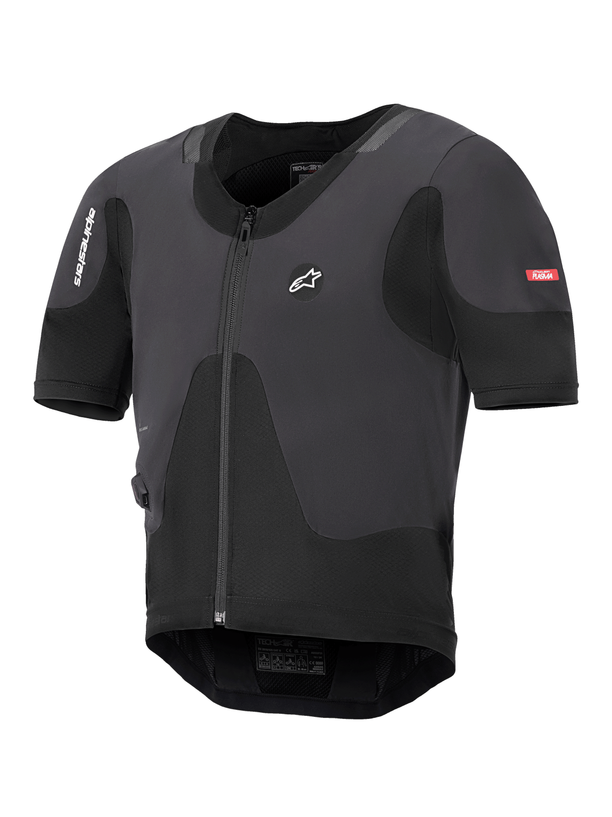Sistema Alpinestars Tech-Air 5 Plasma, colete airbag de motociclismo preto, perfil fino com fecho de correr frontal e mangas curtas, com painéis de malha respirável e logótipo Alpinestars, concebido para proteção sob o casaco