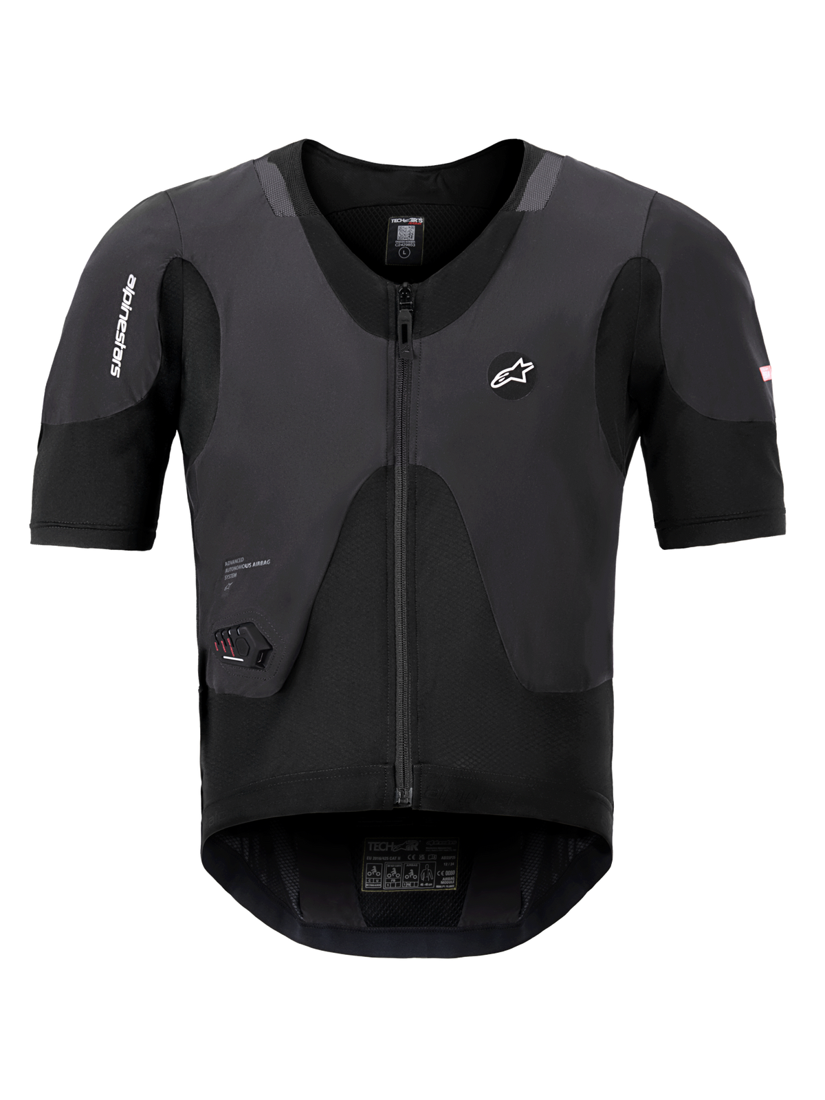 Sistema Alpinestars Tech-Air 5 Plasma, colete airbag preto, vista frontal com mangas curtas e fecho central, apresenta a marca Alpinestars e um ecrã LED de estado integrado, proteção interior ultra-fina para segurança em motociclismo