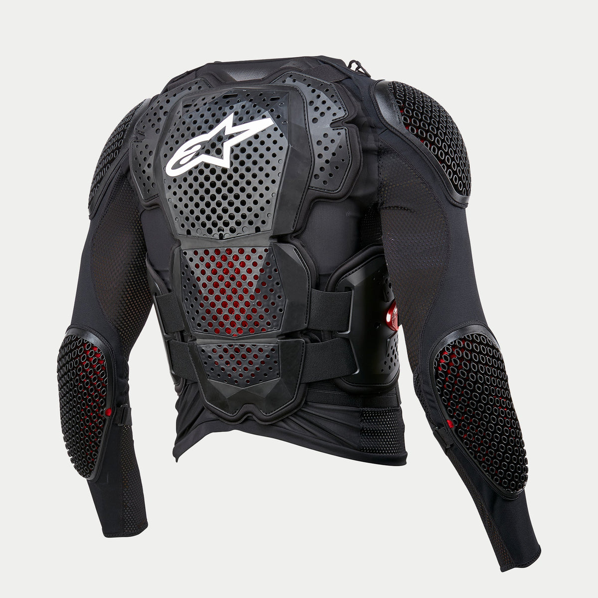 Casaco de Proteção Alpinestars Bionic Tech V3, preto, vista traseira com proteções integradas de costas, ombros e cotovelos, logótipo Alpinestars branco na placa traseira perfurada, construção em malha elástica com acolchoamento interior vermelho visível, alças em V ajustáveis para proteção todo-o-terreno.
