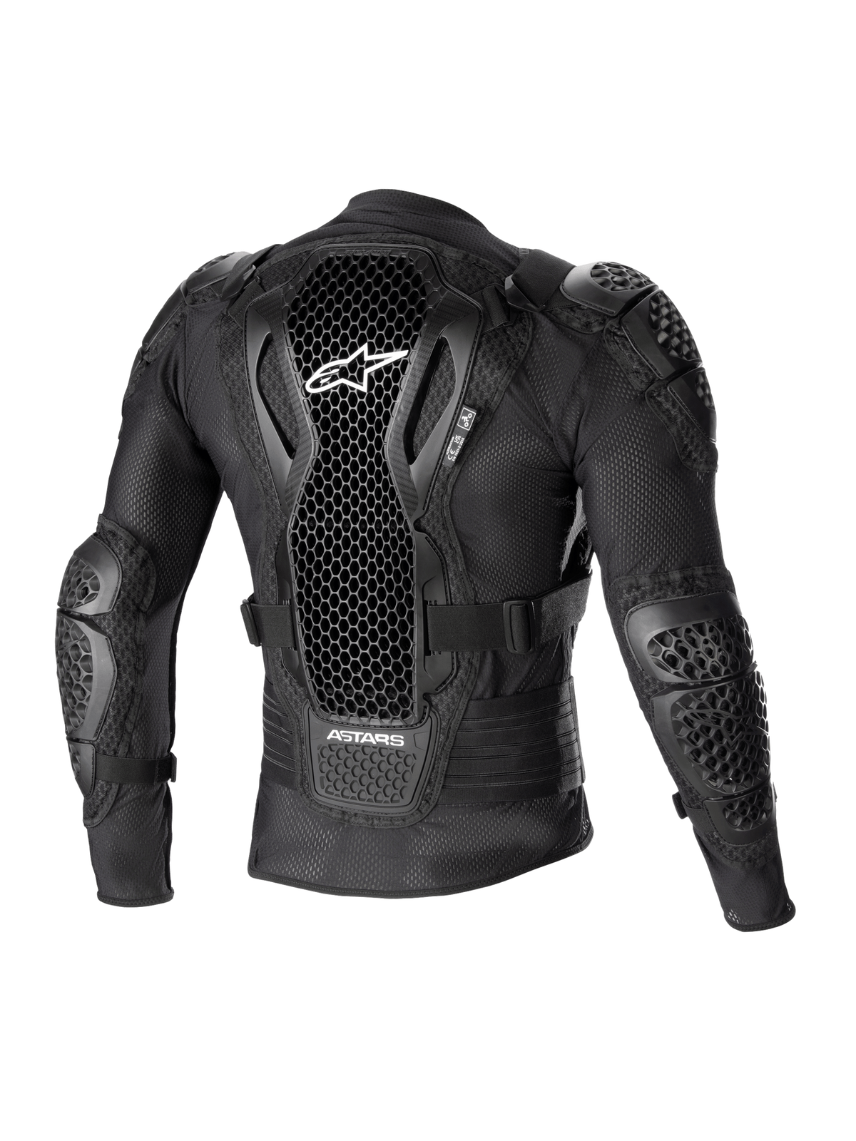 Casaco de Proteção Alpinestars Bionic Action V2, vista traseira, preto, com protetor de costas perfurado com Tecnologia Cell e logótipo branco, construção em malha com proteções integradas nos ombros e cotovelos, concebido para proteção em motocross e off-road