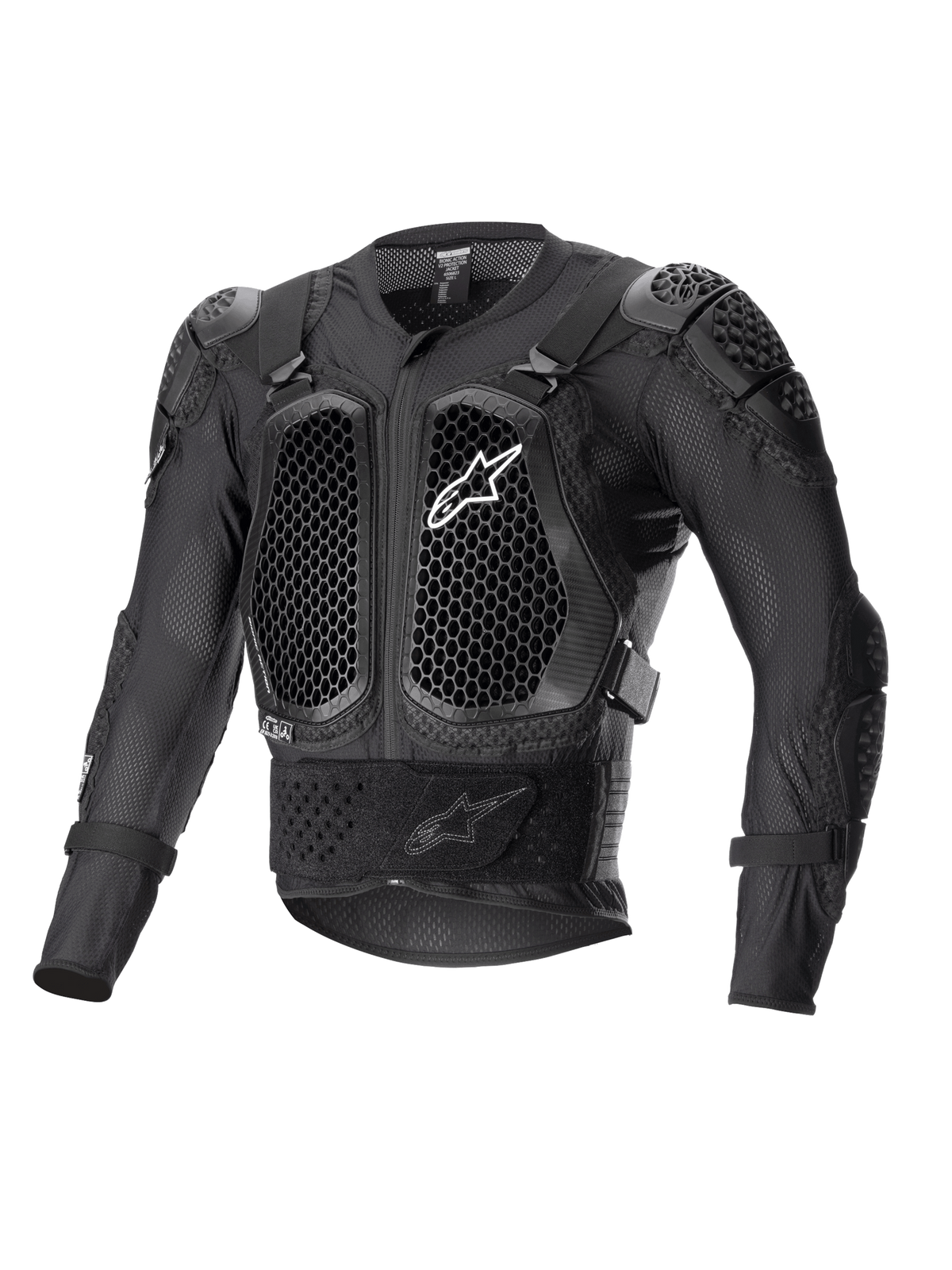 Alpinestars Bionic Action V2 Protection Jacket, preto, com protetores de peito e cotovelos com tecnologia Cell em padrão de favo de mel, construção em malha respirável, logótipo Alpinestars branco no peito, equipamento de proteção para motociclismo todo-o-terreno