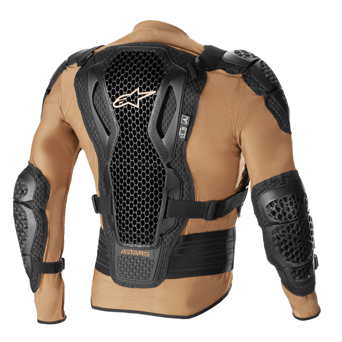 Casaco de Proteção Alpinestars Bionic Action V2, Sand Black e Tangerine, vista traseira mostrando o protetor de costas com Tecnologia Cell e design em favo de mel, proteções integradas nos ombros e cotovelos, e construção em malha respirável de cor areia.