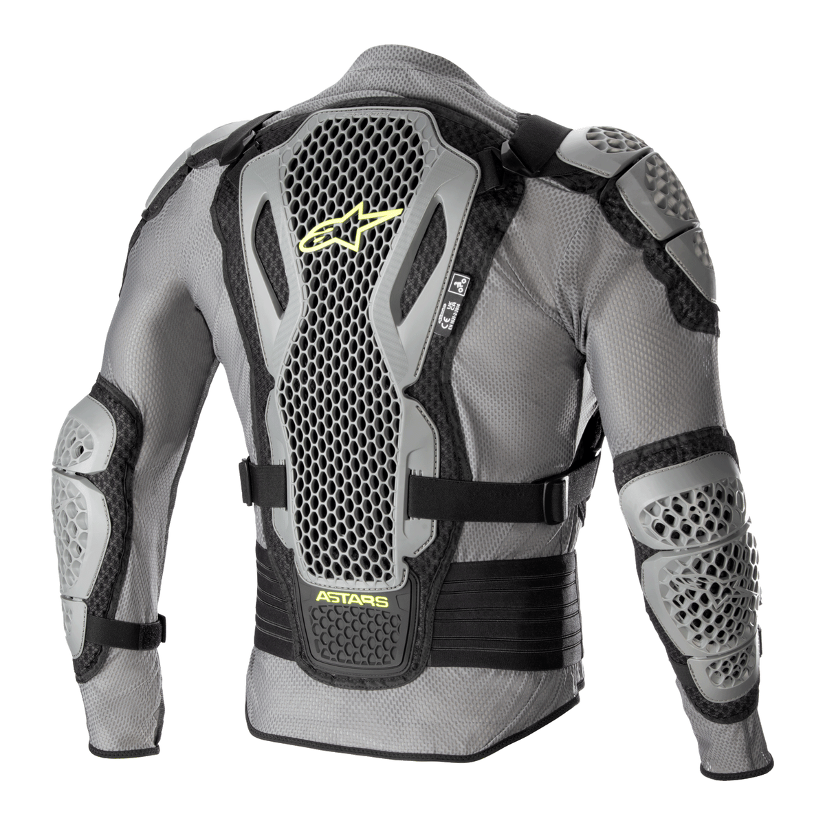 Casaco de Proteção Alpinestars Bionic Action V2, vista traseira, cinzento e preto com detalhes em amarelo néon, com protetores de costas, ombros e cotovelos com Tecnologia Cell altamente perfurada, estrutura em malha cinzenta com correias ajustáveis pretas e logótipo Astars em amarelo