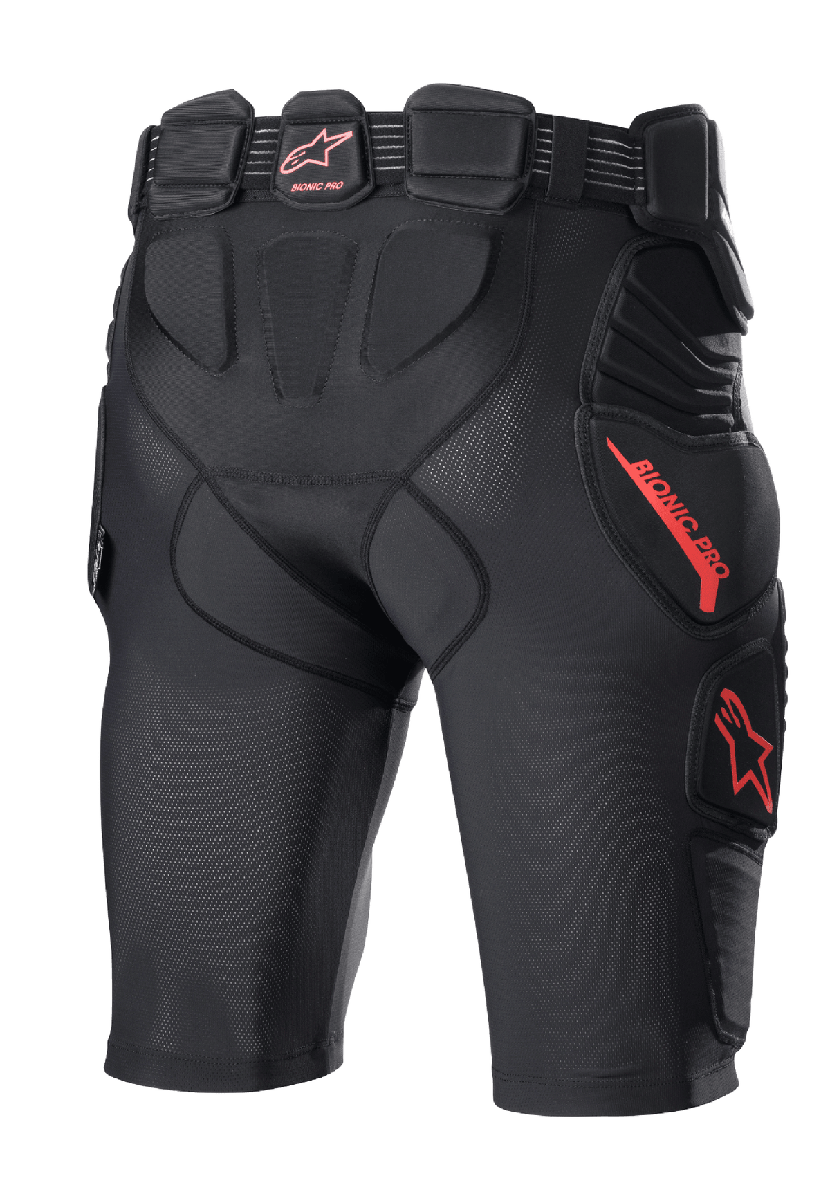 Calções de Proteção Alpinestars Bionic Pro, calções de proteção para motocross, pretos e vermelhos, vista traseira com acolchoamento integrado na anca e na coxa, construção em malha respirável, logótipo e marca Alpinestars em vermelho, camada de base protetora para todo-o-terreno