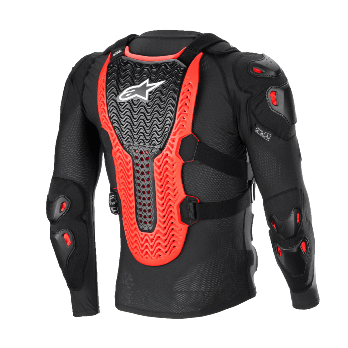 Casaco de Proteção Alpinestars Bionic XTR Plasma, preto, vermelho e branco, vista traseira mostrando o grande protetor de costas Nucleon PLASMA nervurado, proteções nos ombros e cotovelos, construção em malha preta para proteção de motocross todo-o-terreno