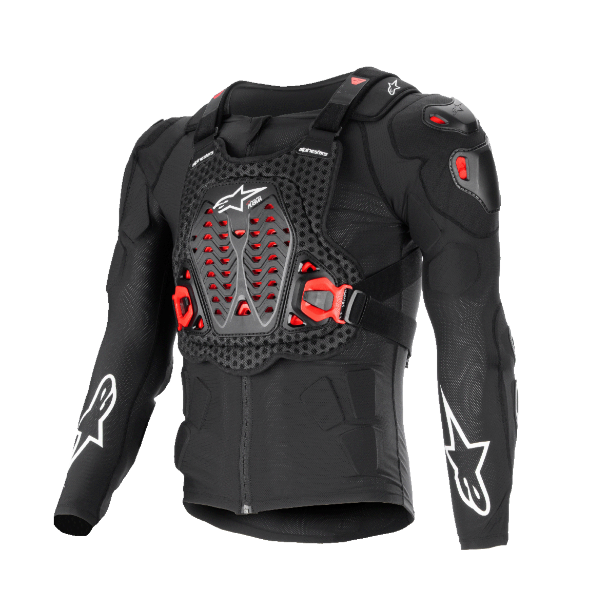Alpinestars Bionic XTR Plasma Protection Jacket, casaco de proteção para moto, preto com detalhes vermelhos e brancos, chassis de malha respirável, placa peitoral ventilada com inserções Nucleon PLASMA vermelhas, logótipos de estrela brancos nas mangas, fivelas laterais ajustáveis, equipamento de off-road de alto impacto