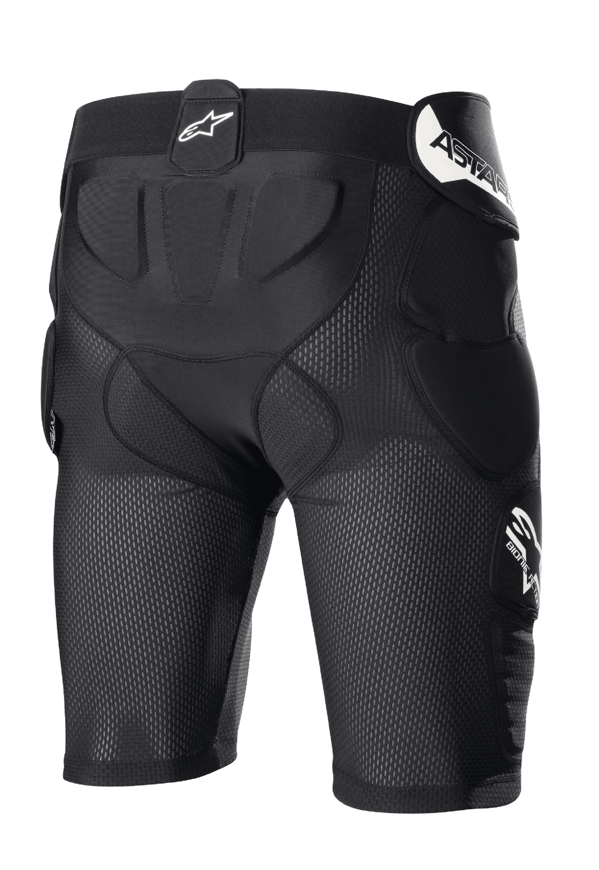 Calções de Proteção Bionic Action Alpinestars, pretos, calções de proteção para motocross com construção em malha respirável, acolchoamento integrado nas ancas e no cóccix, logótipos brancos na cintura e na lateral