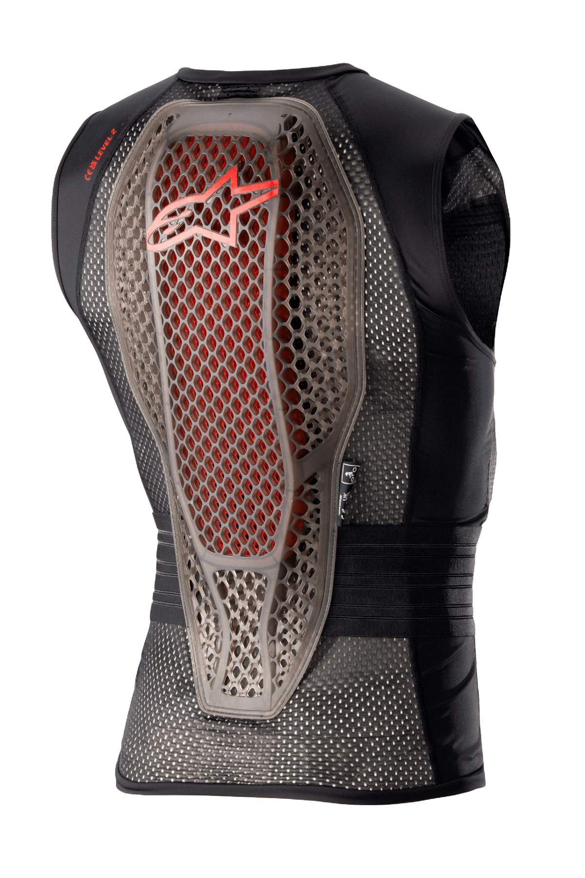 Colete de Proteção Alpinestars Nucleon Flex Pro, proteção corporal para motociclismo, transparente, cinza fumado, vermelho e preto, vista traseira que mostra o protetor de costas com estrutura híbrida Cell e pormenores em vermelho, chassis em malha preta ventilada e design ergonómico