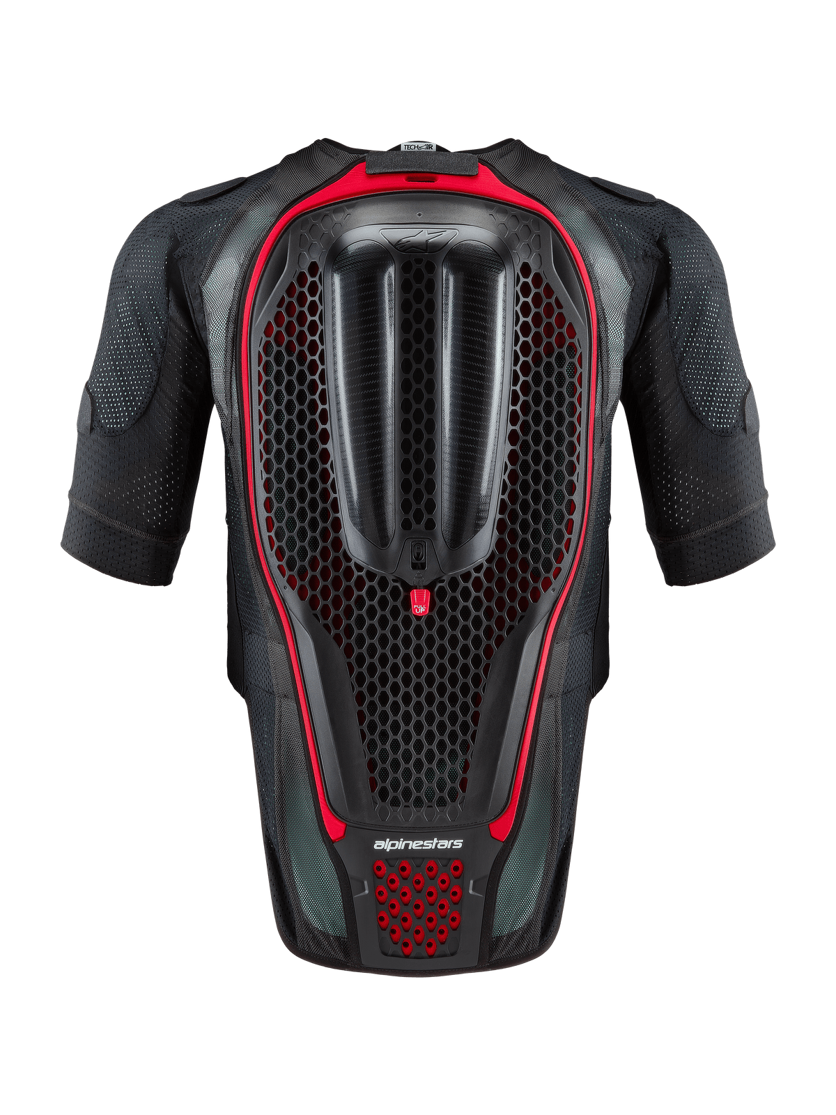 Alpinestars Tech-Air® 7X System, Colete Airbag Autónomo de Motociclismo, preto e vermelho, vista traseira mostrando o protetor de costas integrado em favo de mel e a construção em malha ventilada para condução em pista e estrada.