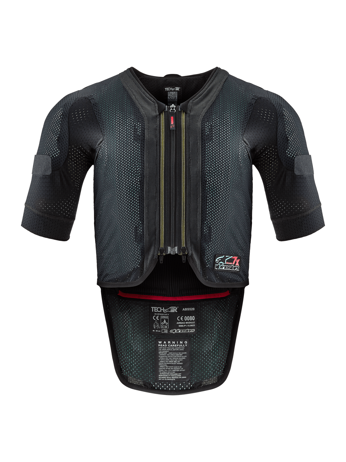 Alpinestars Tech-Air® 7X System, colete airbag de motociclismo, preto e vermelho, vista frontal com estrutura em malha ventilada, fecho central com puxador vermelho e etiquetas internas de certificação, proteção de alta performance para pista e estrada
