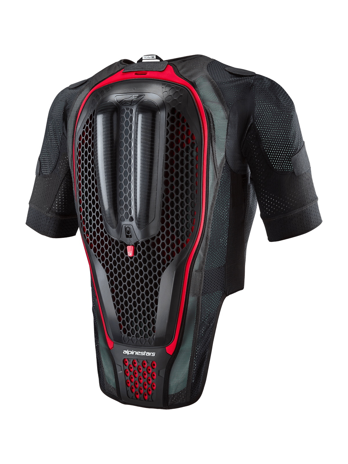 Alpinestars Tech-Air® 7X System, colete airbag de motociclismo, vista traseira que mostra o protetor de costas integrado com textura em favo de mel, tecido de malha preta com detalhes em vermelho, equipamento de segurança ergonómico para corridas de estrada e track days