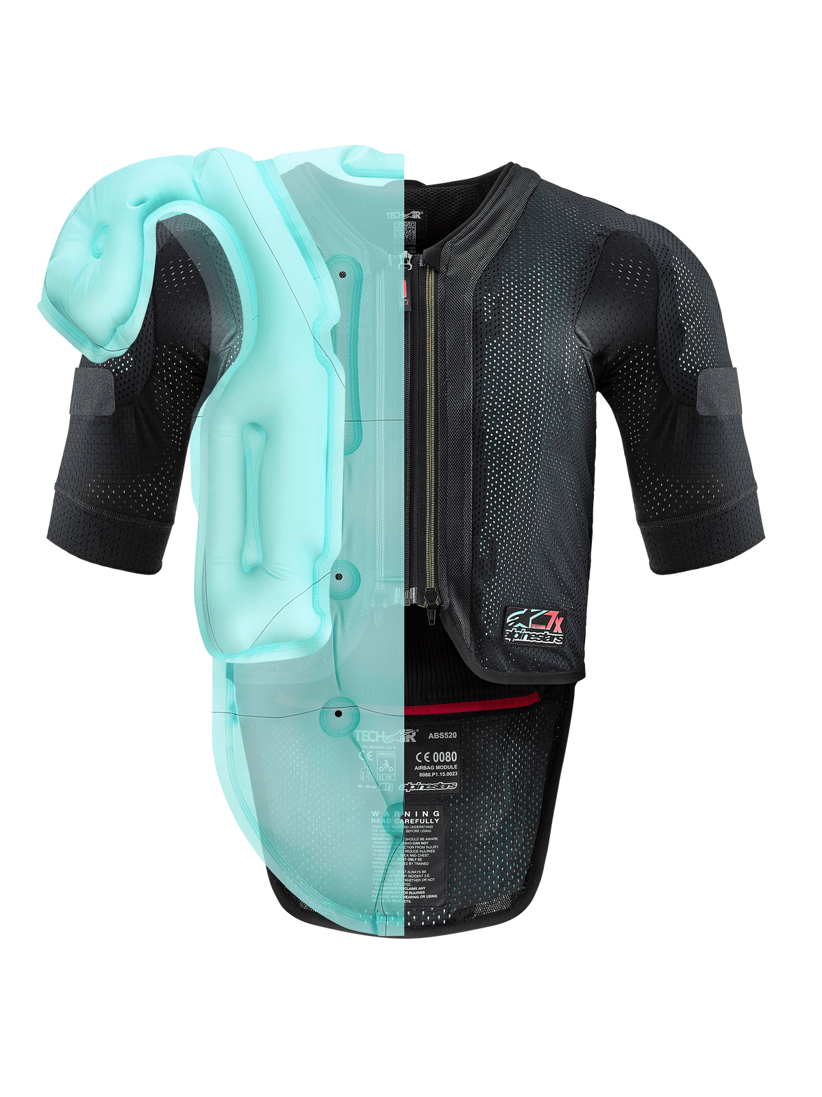 Alpinestars Tech-Air® 7X System, colete airbag autónomo para motociclismo, chassis em malha preta com visualização translúcida em azul claro da bolsa de airbag interna, equipamento de proteção técnica com mangas curtas e protetor de costas integrado