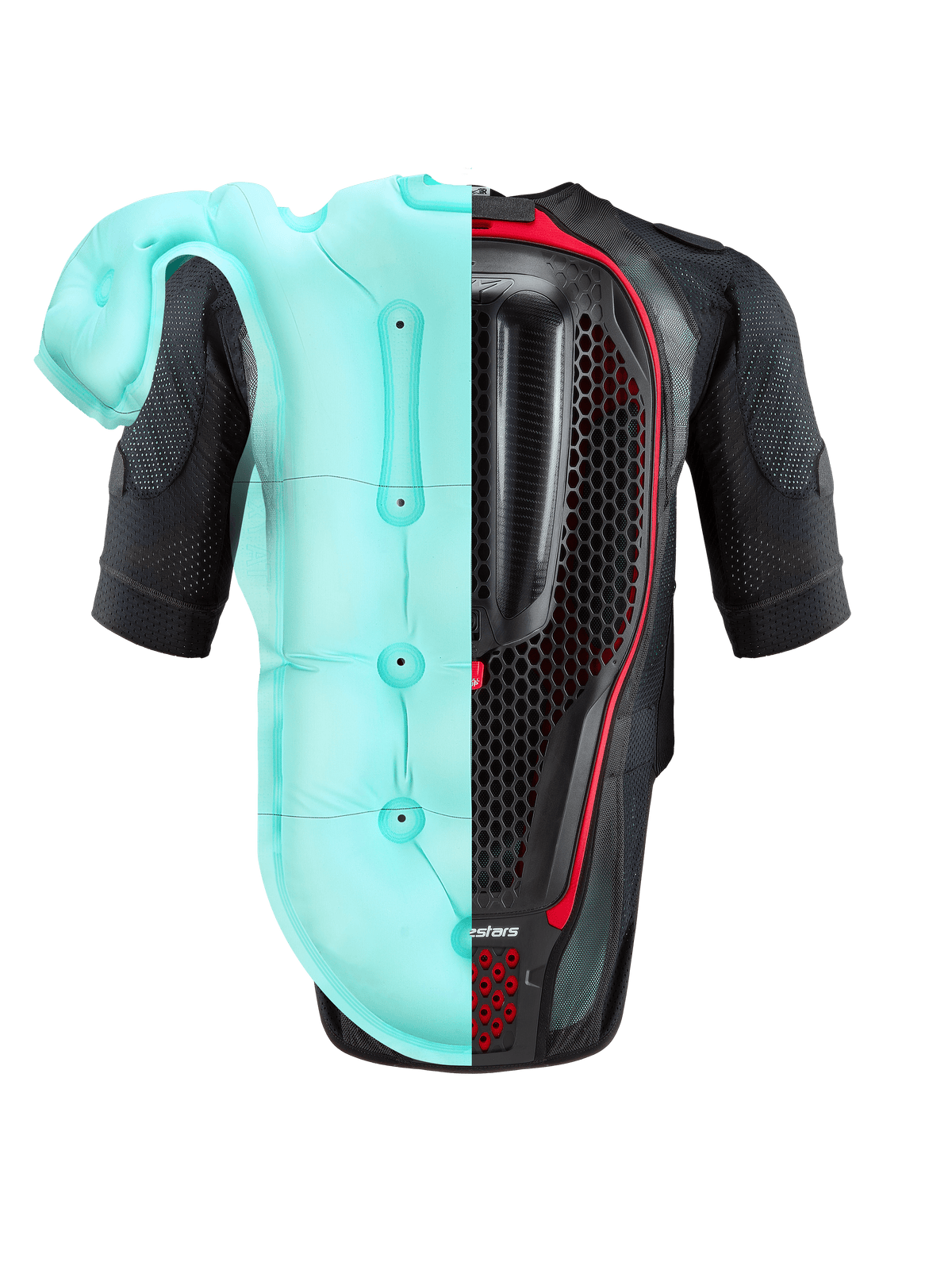 Alpinestars Tech-Air® 7X System, colete airbag para motociclismo, preto e vermelho, vista traseira com imagem dividida da câmara de ar azul claro inflada e protetor de costas interno em favo de mel, proteção de alto desempenho para pista e estrada.