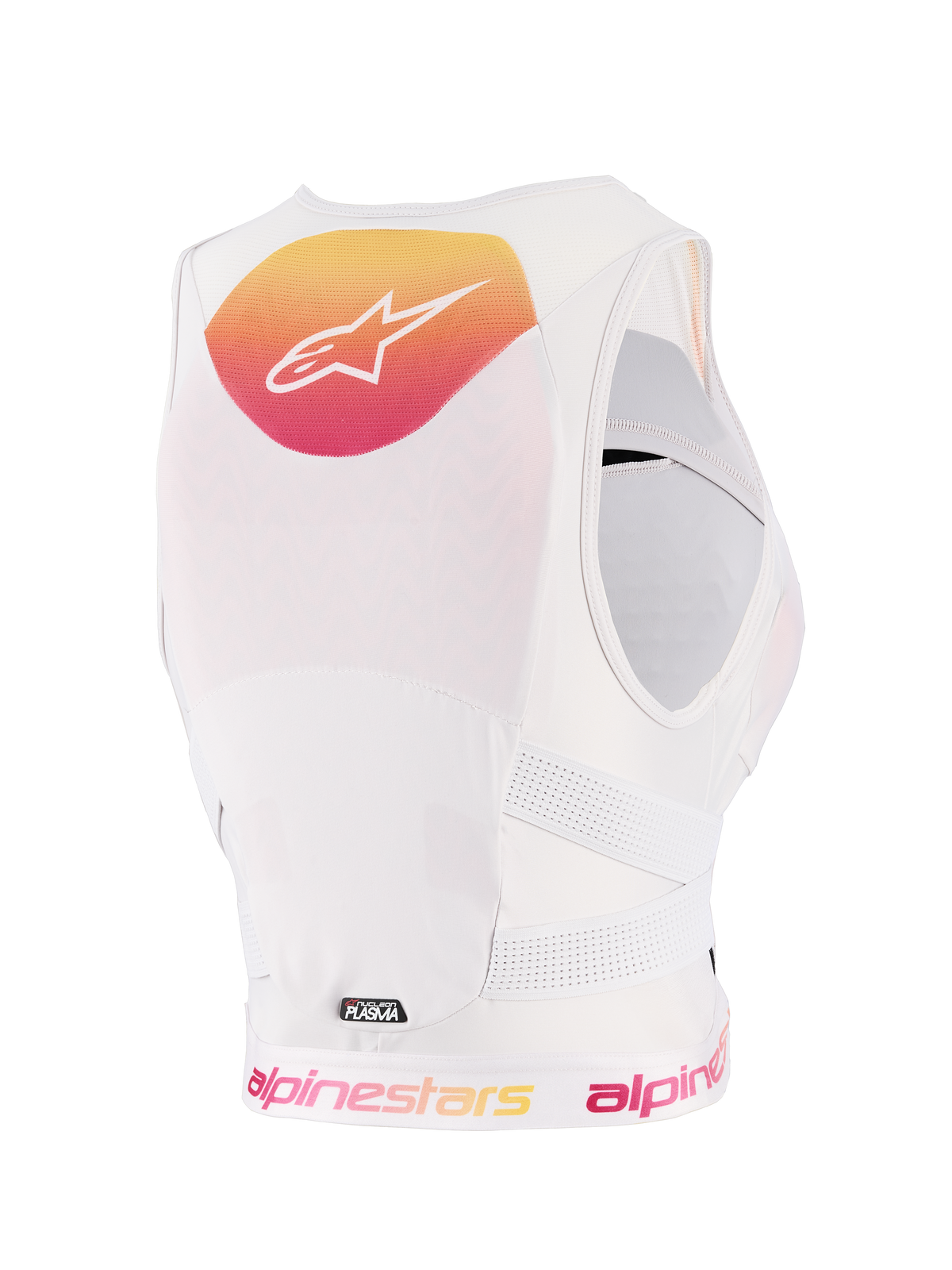 Alpinestars Protetor de Peito Stella Plasma Feminino, Light Lilac Fade White, vista traseira com gráfico em gradiente amarelo e rosa e logótipo branco, construção em malha branca respirável e tiras laterais perfuradas para proteção em todo-o-terreno