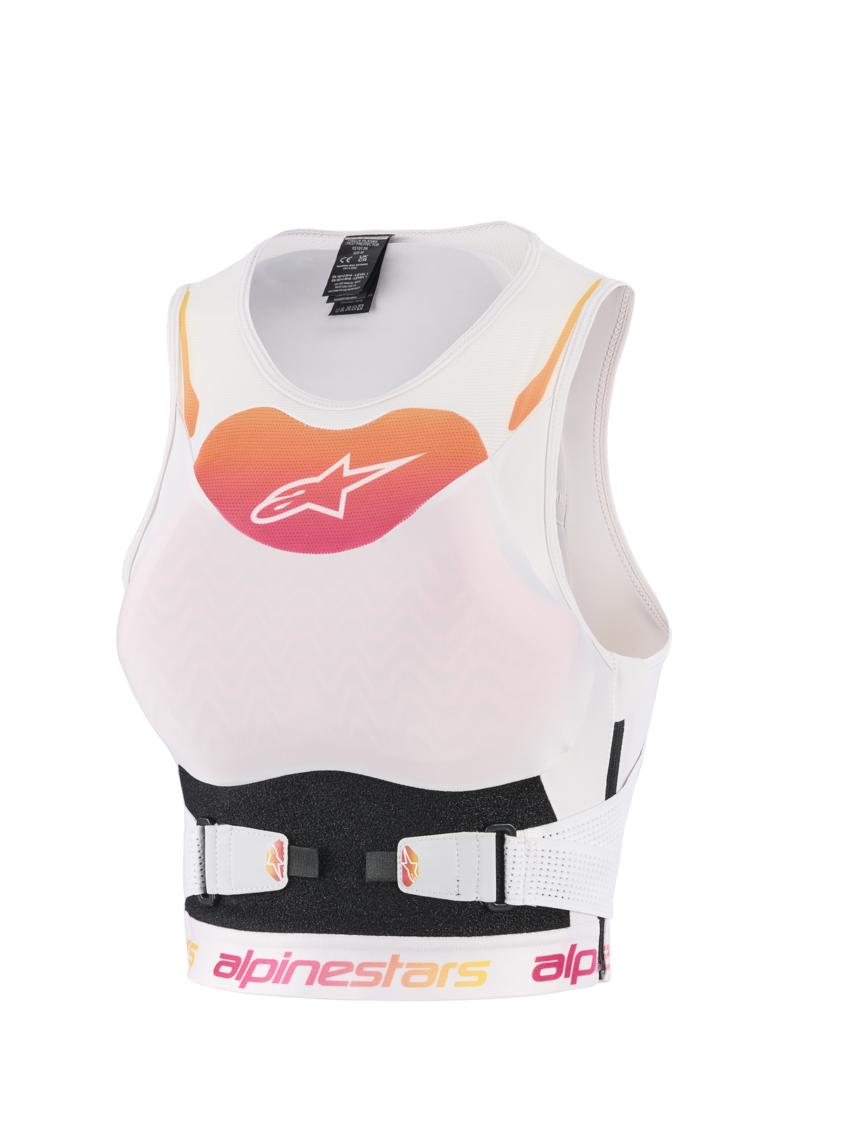 Alpinestars Stella Plasma Chest Protector, colete de proteção de motocross para mulher, branco com logótipo em degradê laranja e rosa, construção em malha respirável com correias em V ajustáveis, armadura corporal ergonómica para todo-o-terreno
