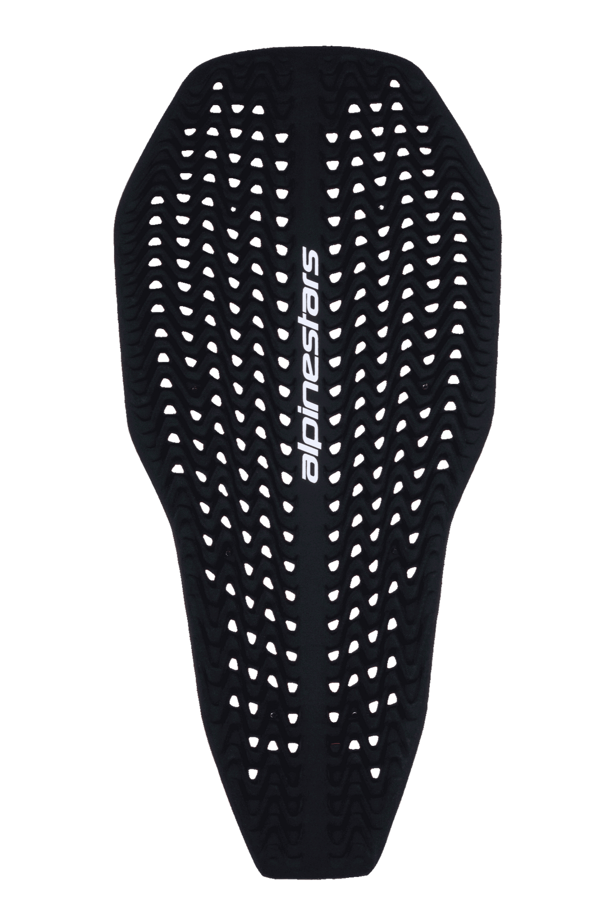 Inserção de Protetor de Costas Integral Alpinestars Nucleon Plasma, protetor de costas para motociclismo, preto, com textura ondulada perfurada para ventilação, logótipo Alpinestars branco na vertical, design contornado, fino e flexível