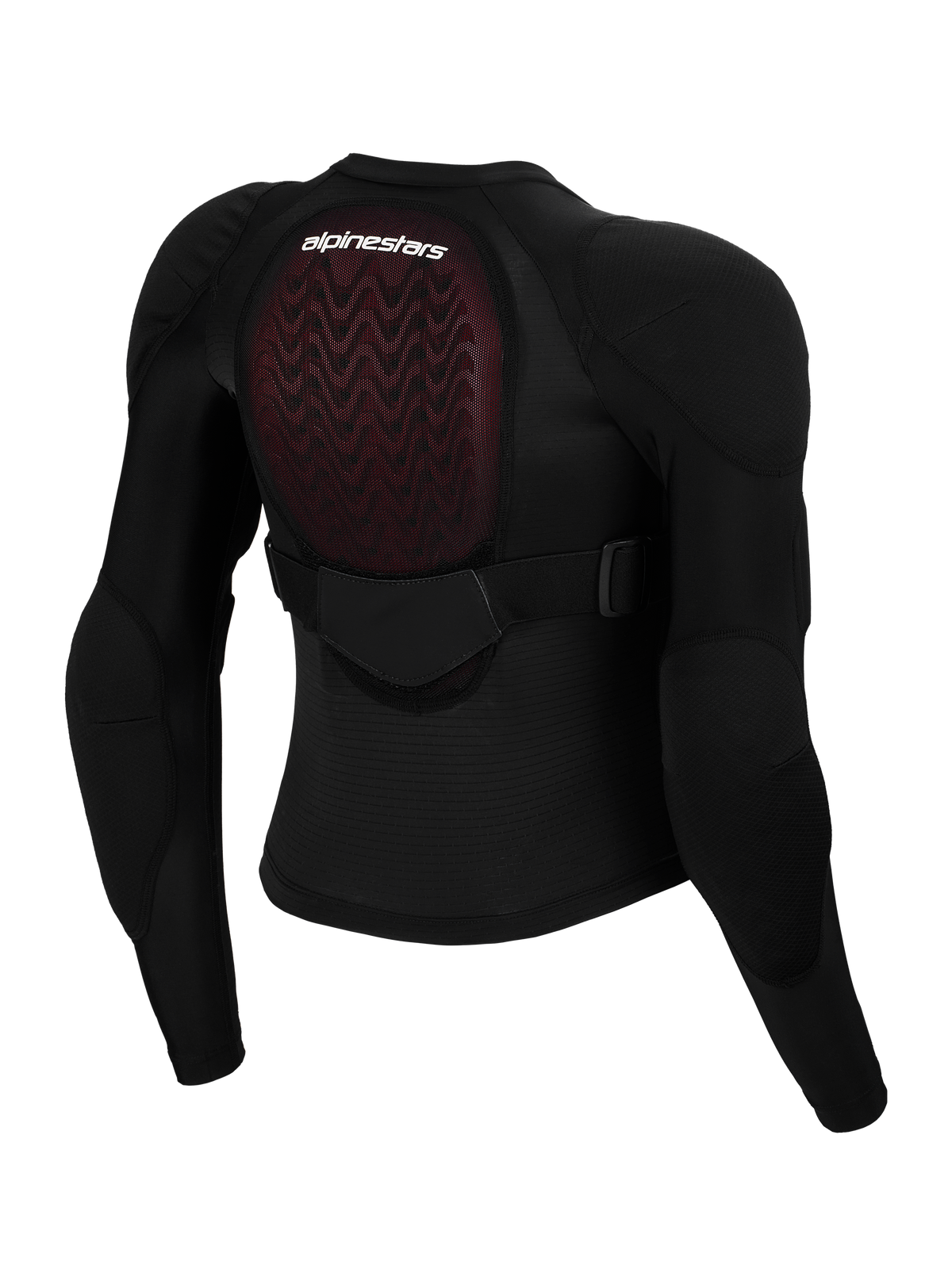Casaco de Proteção Alpinestars Bionic Plasma LT Youth, vista traseira, malha preta com protetor de costas Nucleon PLASMA vermelho, proteções de ombros e cotovelos integradas, alça ajustável na zona média das costas, equipamento de proteção para motocross juvenil