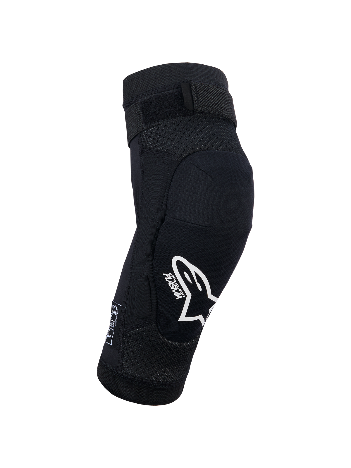 Protetor de joelho Alpinestars Bionic Plasma Youth, preto, equipamento de proteção para motocross, logótipo Alpinestars branco e marca Plasma, chassis em malha 3D, tira superior ajustável, design ergonómico contornado