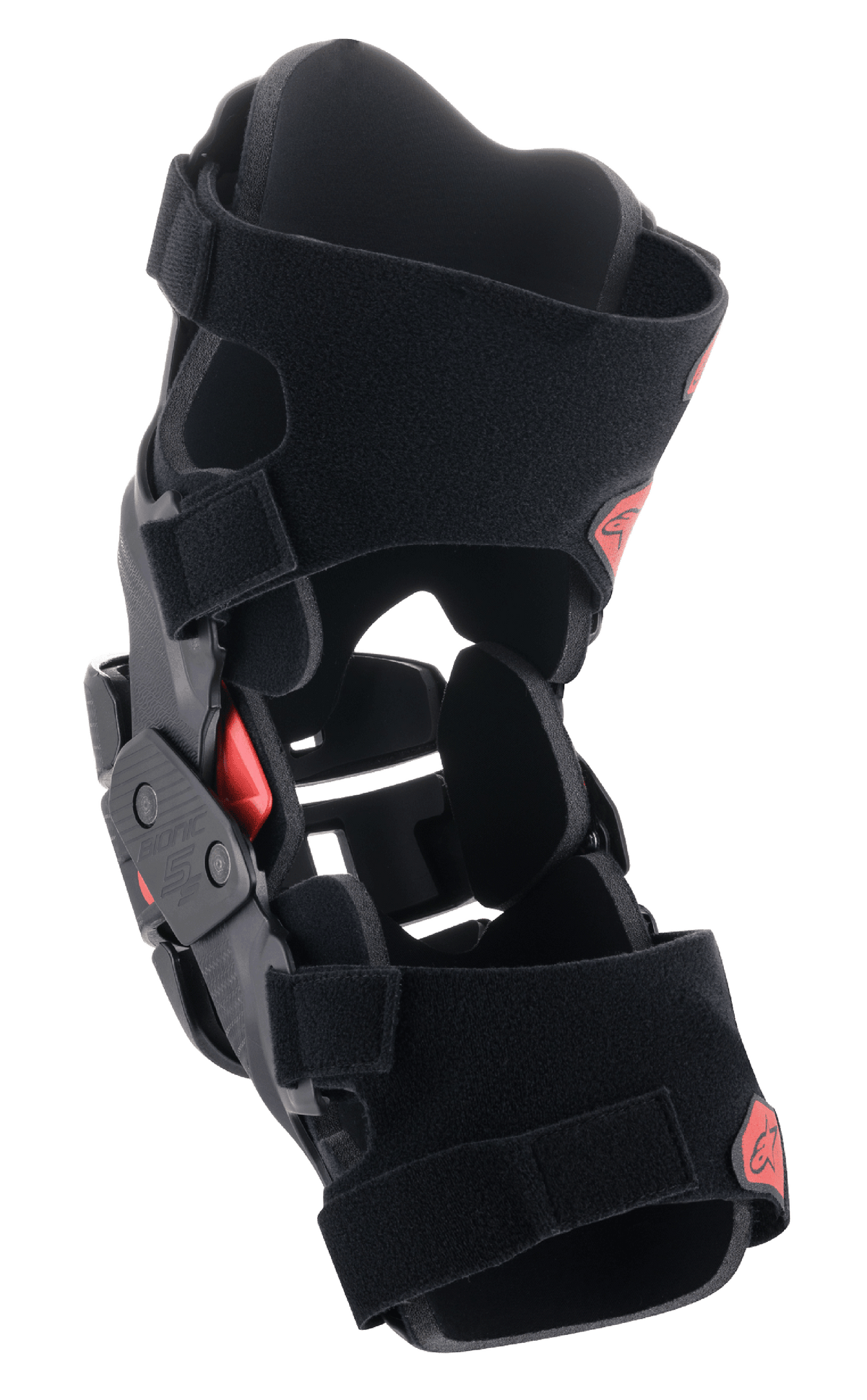 Joelheira Alpinestars Bionic 5S Jovem, protetor de joelho para motocross, preto e vermelho, com construção de estrutura híbrida, sistema de dobradiça estável de quatro pontos e tiras de Velcro ajustáveis, design protetor e leve para jovens pilotos de off-road