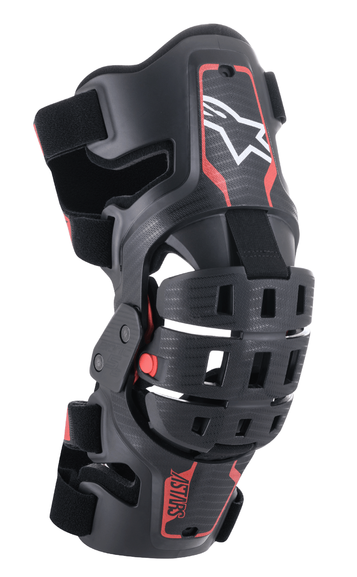 Joelheira Alpinestars Youth Bionic 5S, protetor de joelho para motocross, preto e vermelho, com logótipo de estrela branco, sistema de dobradiça de quatro pontos articulado, estrutura composta robusta com correias ajustáveis, concebida para corridas juvenis de todo-o-terreno