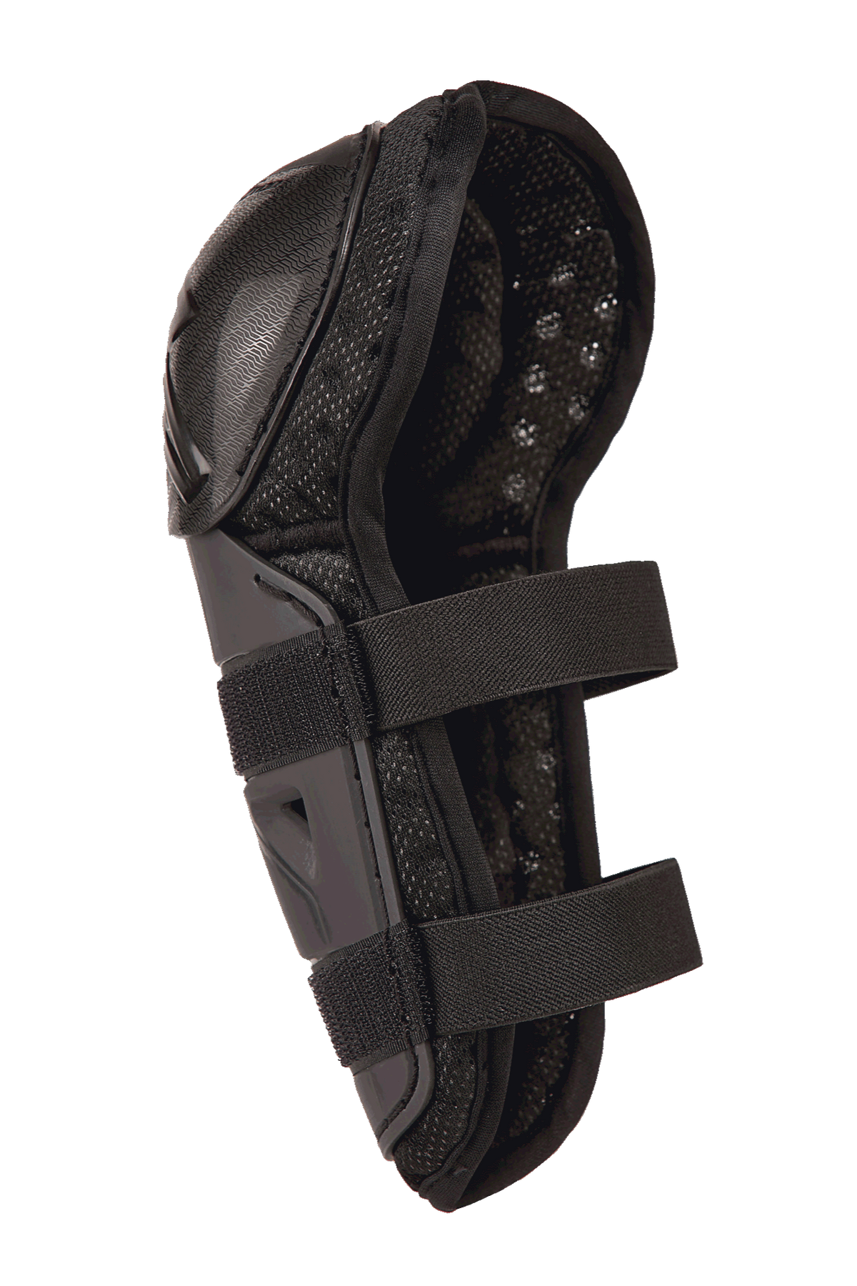 Alpinestars Bionic Action Kickstart Knee Guard, Youth Motocross Knee and Shin Protector, Black, featuring an articulated protective shell design with double elasticated strap closures and breathable mesh padding, designed for young riders.