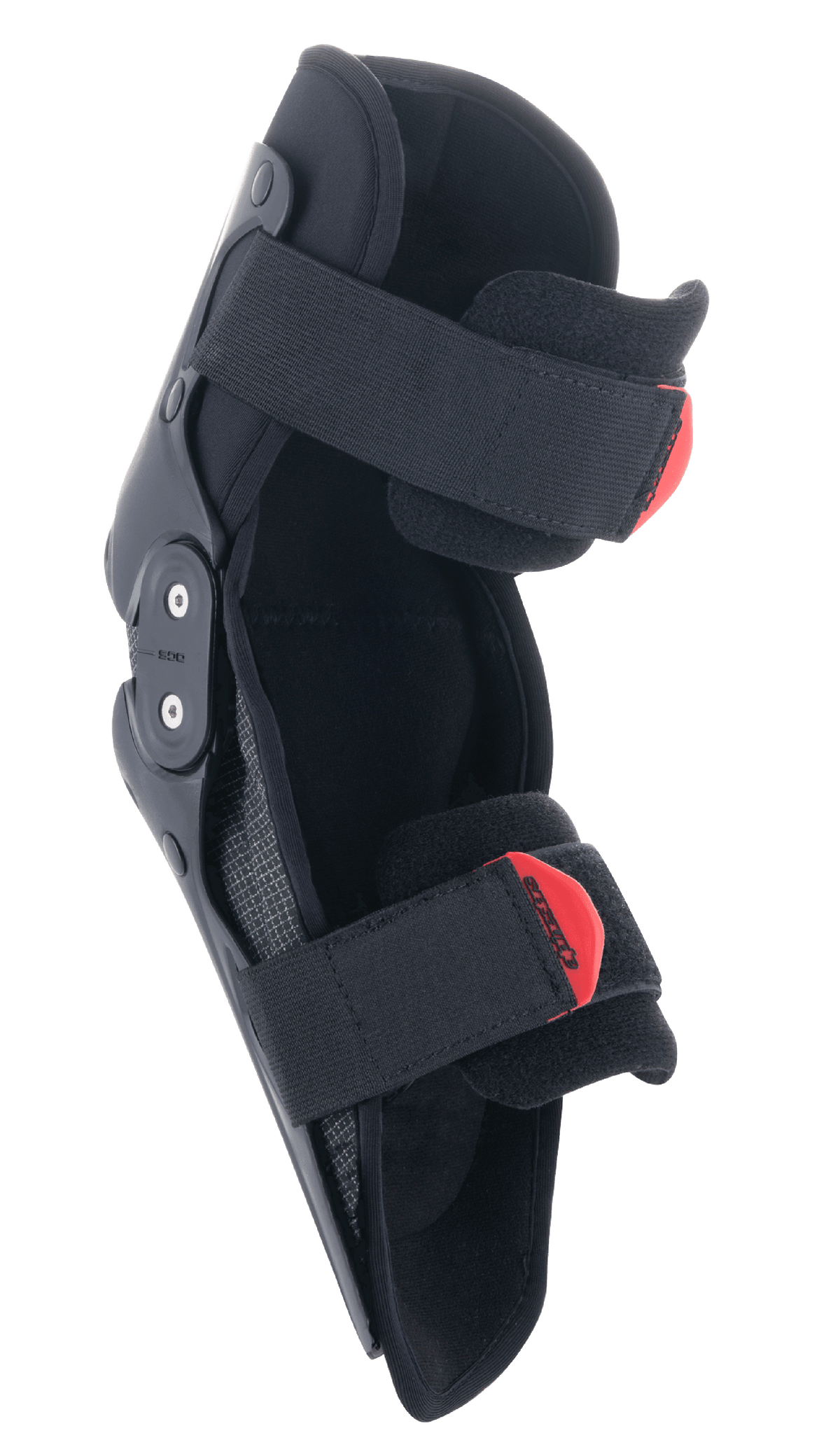 Protetor de Joelho Alpinestars SX-1 Jovem, joelheira de motocross, preto e vermelho, com sistema de dobradiça de pivô duplo e sistema de dupla alça ajustável com puxadores vermelhos, proteção leve e durável para jovens pilotos de todo-o-terreno