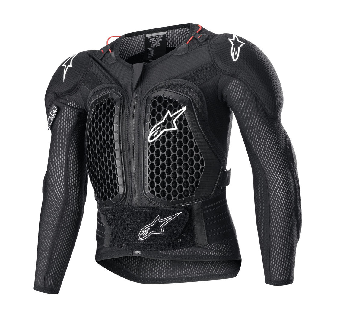 Alpinestars Youth Bionic Action V2 Protection Jacket, armadura de motocross, preto com logótipos brancos e detalhes vermelhos, padrão de ventilação em favo de mel no peito e ombros, cinta ajustável na cintura, proteção duradoura contra impactos para jovens pilotos