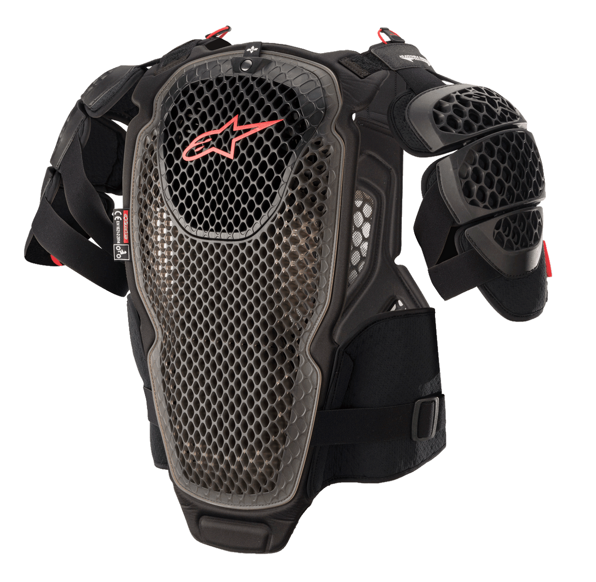 Alpinestars A-6 Chest Protector, armadura de motocross, preto, antracite e vermelho, com placas de tecnologia de células perfuradas, logótipo Alpinestars vermelho no peito, alças ajustáveis e protetores de ombros removíveis, equipamento de proteção para todo-o-terreno