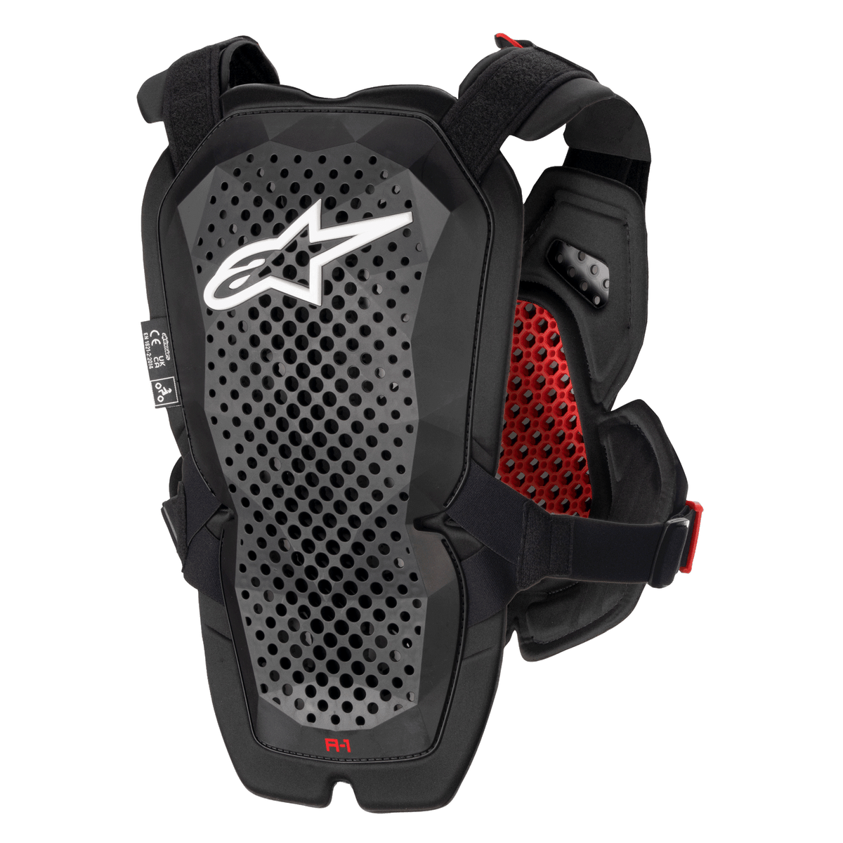 Protetor de Peito Alpinestars A-1 Pro, antracite, preto e vermelho, vista traseira que mostra o painel do protetor de costas, tecnologia Polyhedron perfurada para ventilação, logótipo Astars branco, acolchoamento interior em favo de mel vermelho, equipamento de proteção para motociclismo off-road