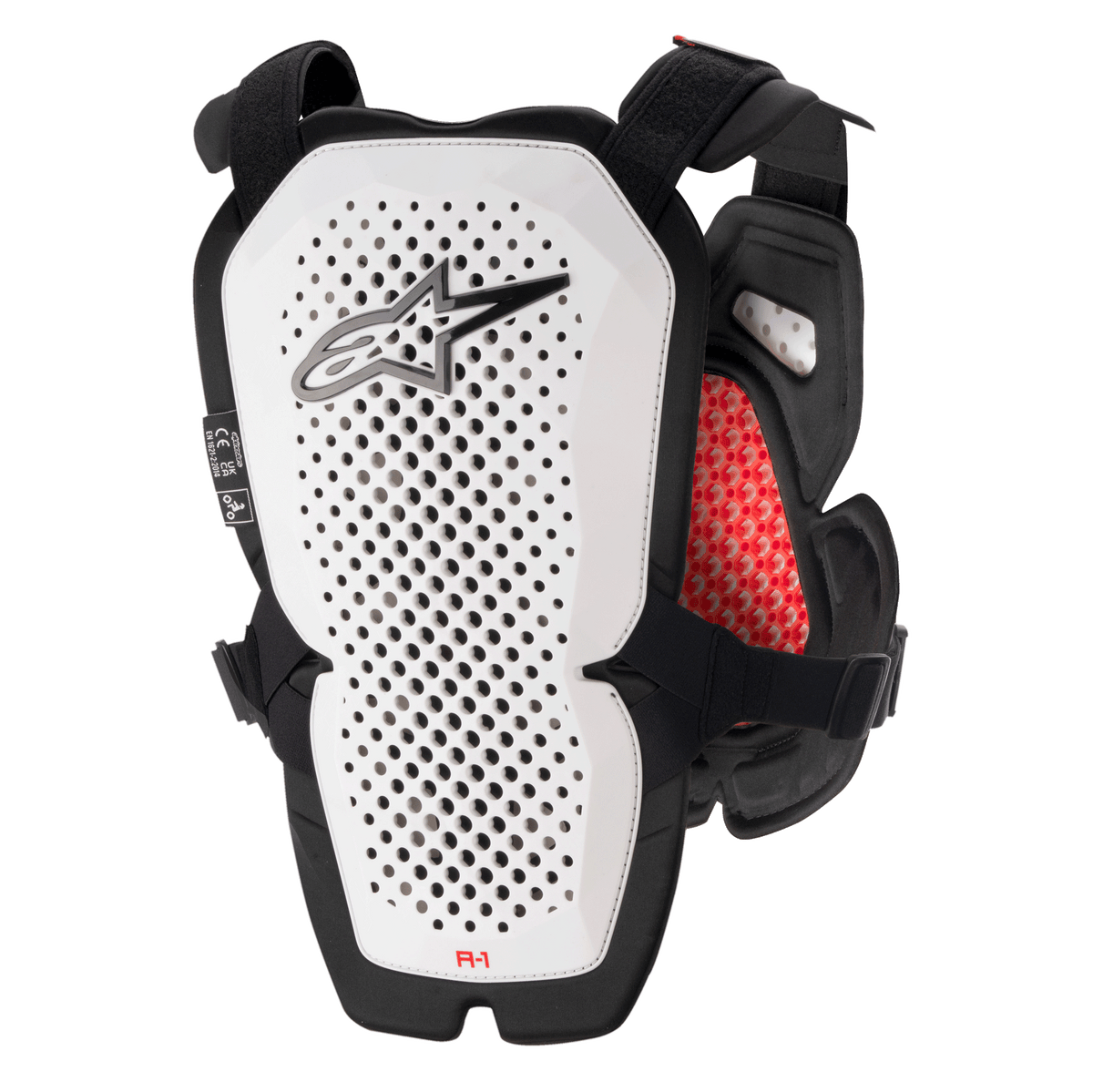 Protetor de Peito Alpinestars A-1 Pro, branco e preto com detalhes em vermelho, painel traseiro perfurado para ventilação, acolchoamento interno em favo de mel vermelho, equipamento de proteção de motocross leve