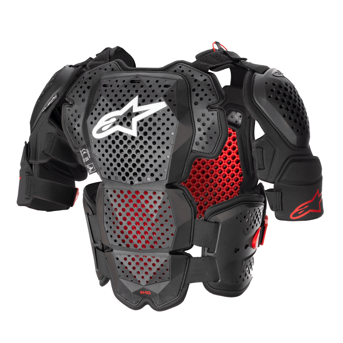 Protetor de Peito Integral Alpinestars A-10 V2, armadura de motocross, preto antracite e vermelho, com placas de peito e ombros perfuradas, forro em favo de mel vermelho, logótipo Alpinestars branco no centro do peito, equipamento de proteção ultraleve