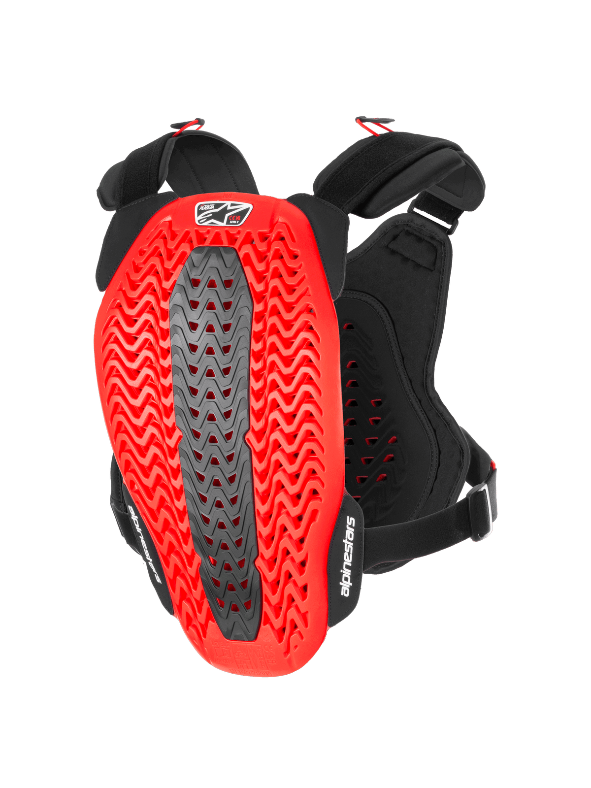 Alpinestars A-5 Plasma Chest Protector, protetor de peito e costas para motociclismo, preto e vermelho, vista traseira mostrando a concha Nucleon PLASMA ondulada e perfurada vermelha com uma zona central cinzenta, alças pretas ajustáveis com logótipos brancos, equipamento de proteção para motocross e condução off-road