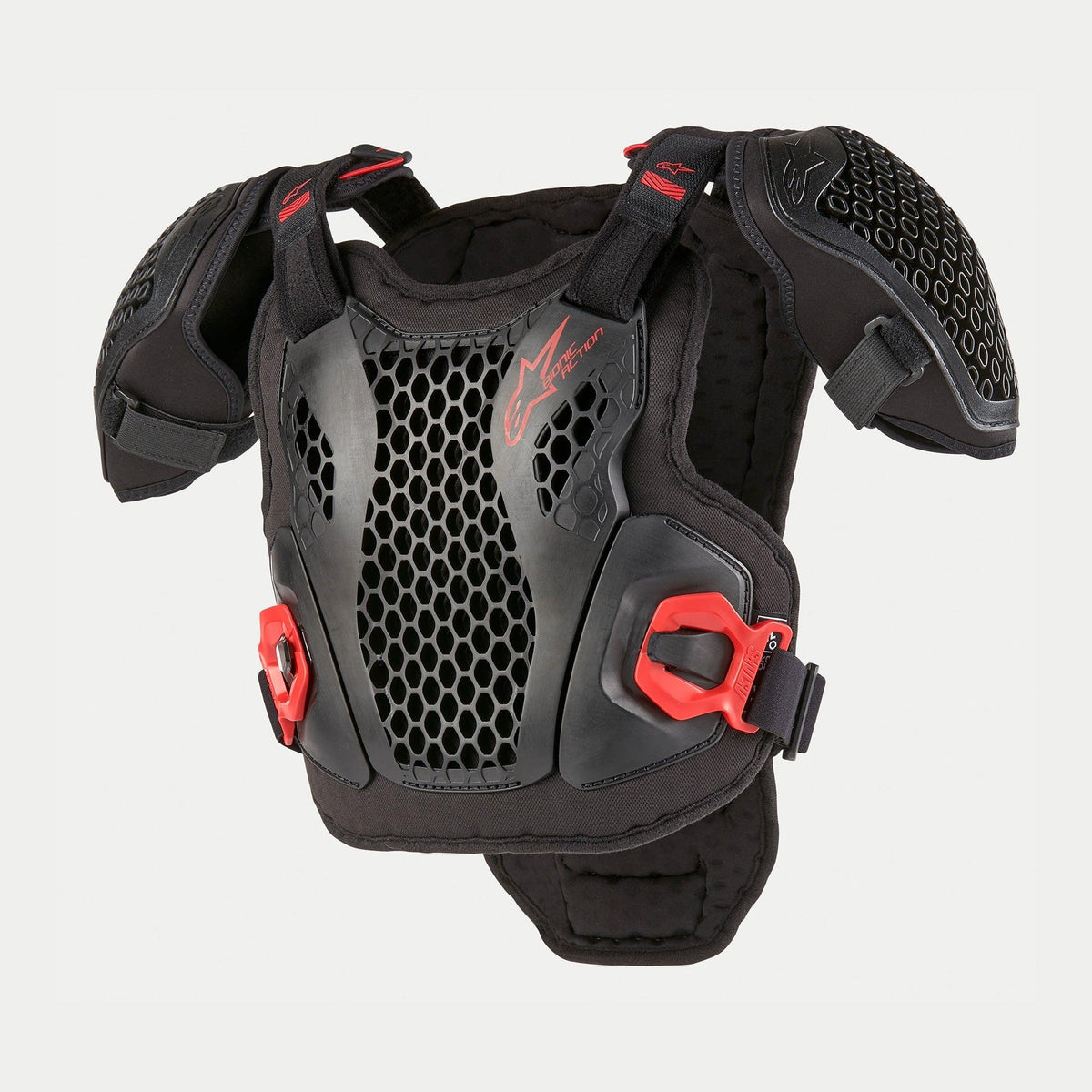 Alpinestars Youth Bionic Action Chest Protector, proteção de corpo para motocross, preto e vermelho, com placas de grelha de Tecnologia Cell perfurada, alças de ombro ajustáveis, fivelas de conexão rápida vermelhas e chassi acolchoado para condução off-road juvenil
