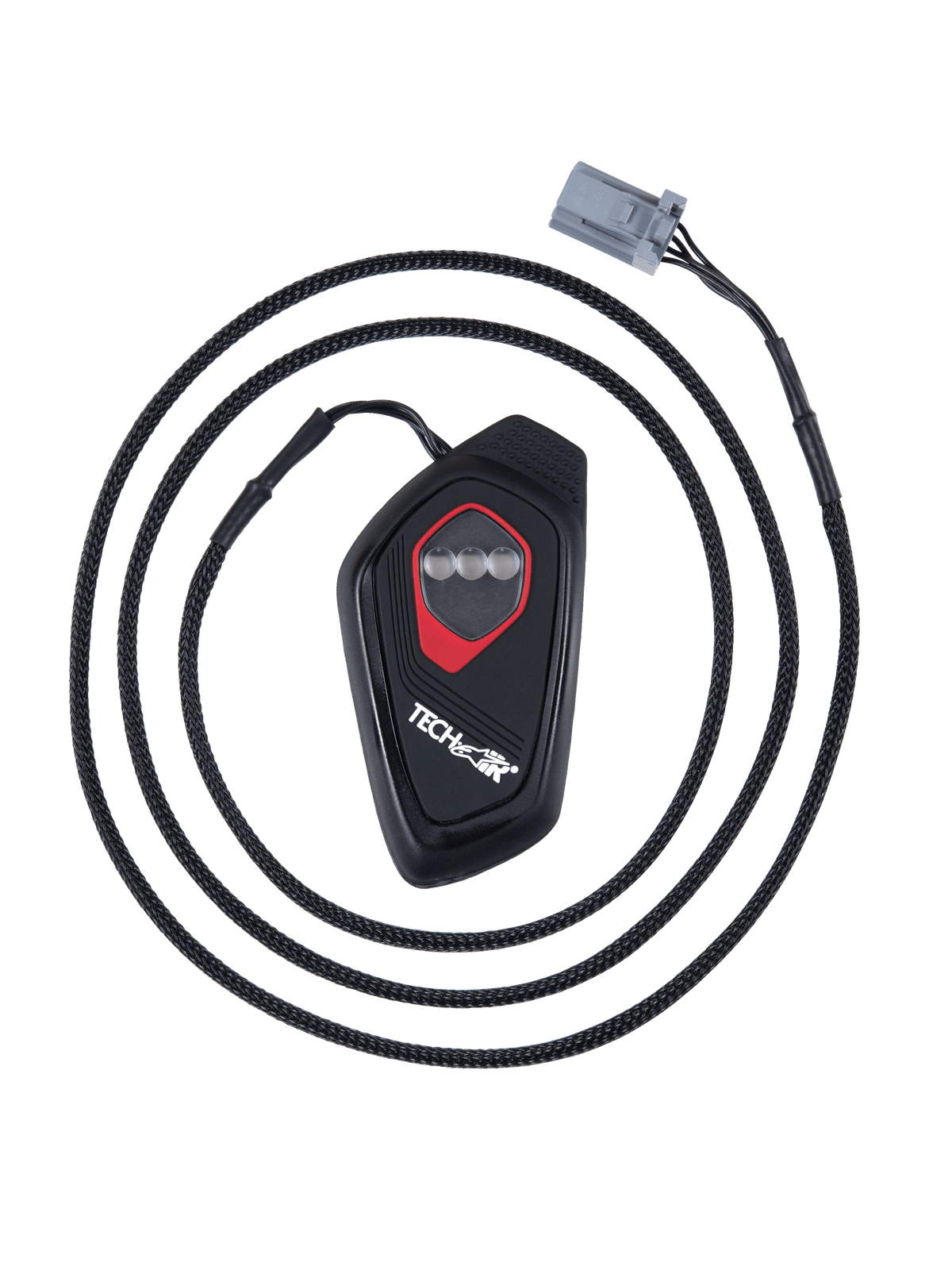 Alpinestars Tech-Air® 7X LED Display, unidade de controlo eletrónica preta em forma de lágrima com contorno vermelho, três indicadores LED circulares, cabo entrançado com conetor cinzento, módulo de visualização do sistema de airbag para motociclismo