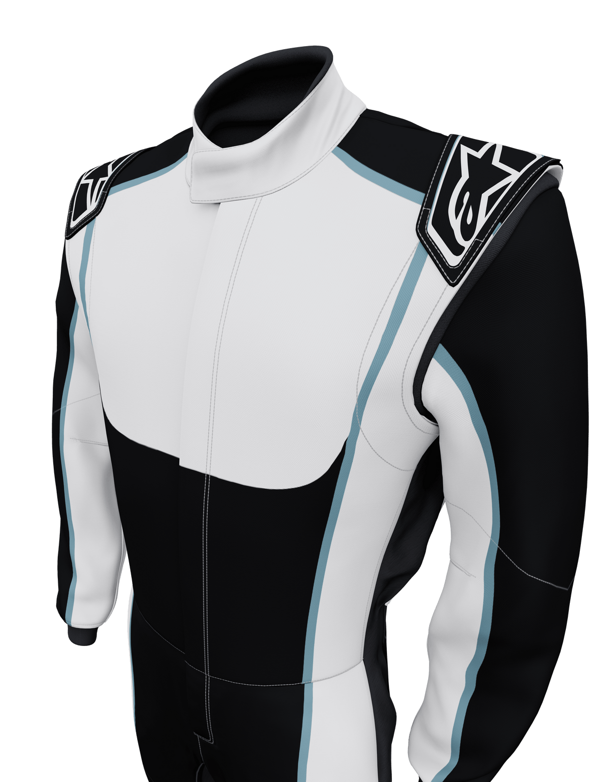 Alpinestars Tech Vision V3, macacão personalizado para automobilismo, preto e branco com detalhes em azul-claro, certificado FIA.