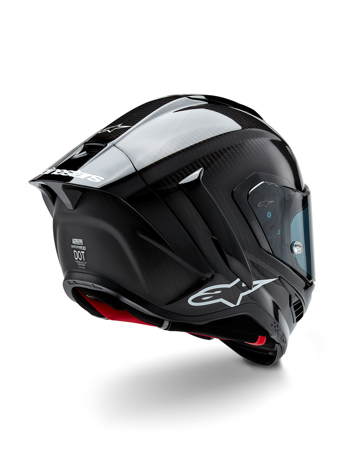 Alpinestars Supertech R10 Solid Helmet, Motorcycle Racing Helmet, Black Carbon Matte and Glossy finish, rear three-quarter view showing carbon fiber shell, aerodynamic spoiler, and Alpinestars branding.