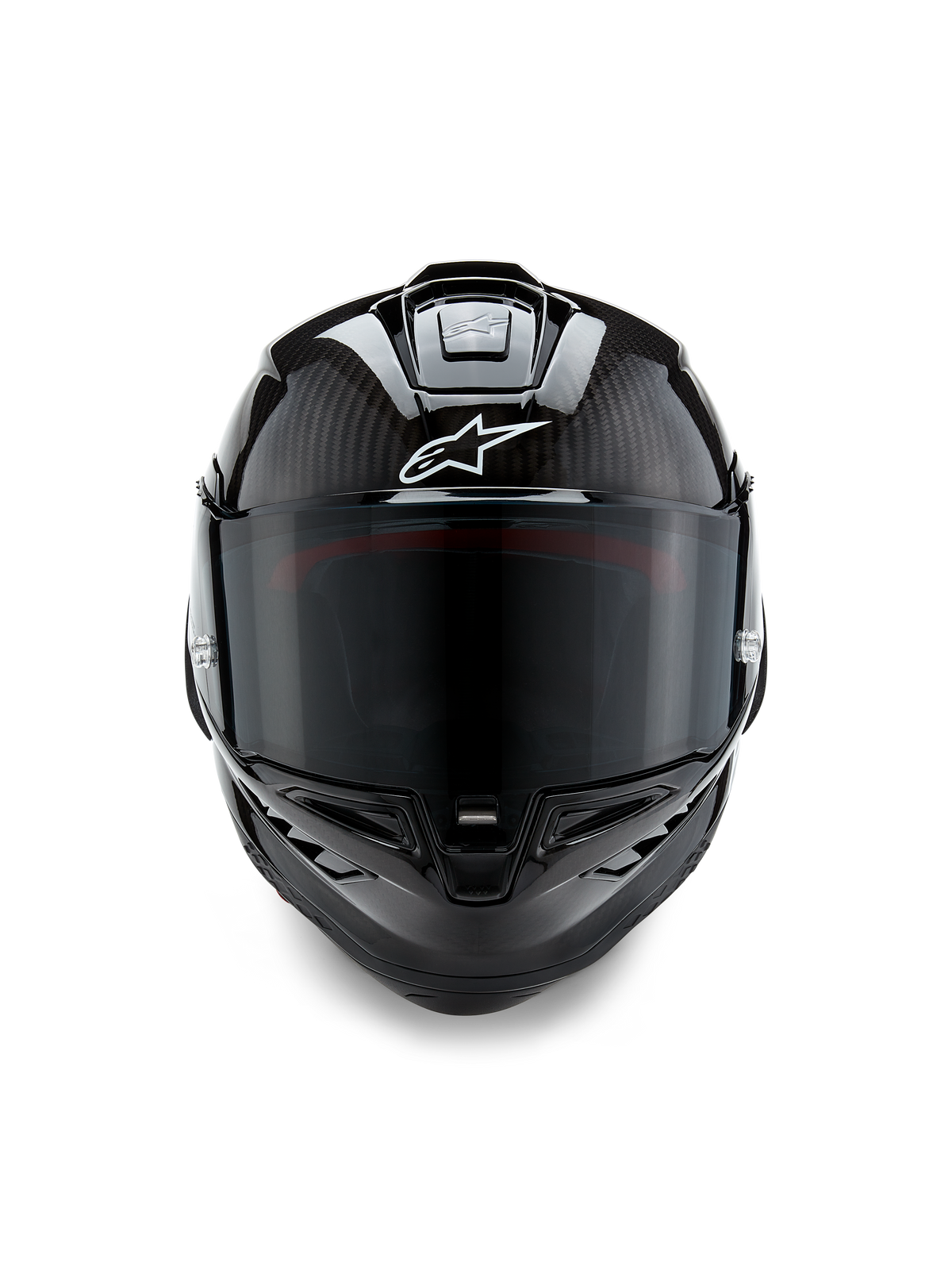 Alpinestars Supertech R10 Solid Helmet, Front View, Black Carbon Matte and Glossy finish, visible carbon fiber weave, white Alpinestars logo, dark smoke visor, aerodynamic racing motorcycle helmet