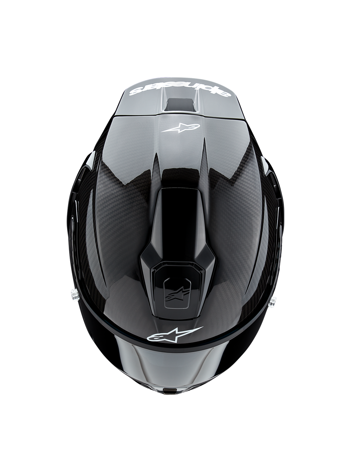 Alpinestars Supertech R10 Solid Helmet, Top View, Black Carbon Matte and Glossy, showing carbon fiber texture on sides, glossy center section, aerodynamic vents, and white Alpinestars logo on front and rear