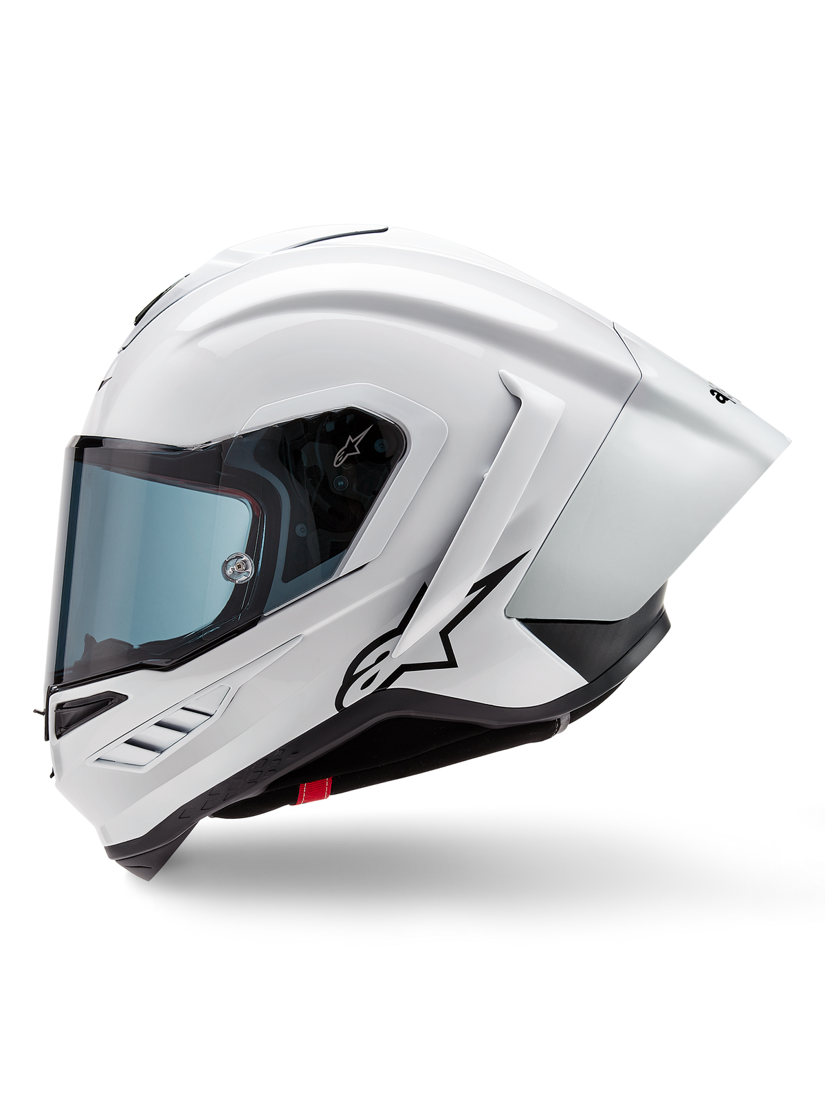 Alpinestars Supertech R10 Solid Helmet, Full-Face Racing Helmet, White Glossy and Black Matte, side profile view with integrated aerodynamic spoiler and tinted visor, featuring a black Alpinestars star logo.
