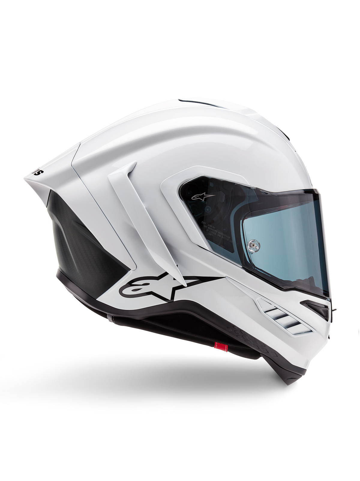 Alpinestars Supertech R10 Solid Helmet, White Glossy and Black Matt motorcycle racing helmet, side profile view, aerodynamic design with rear winglets and side vents, blue-tinted visor, featuring a black Alpinestars star logo on the side