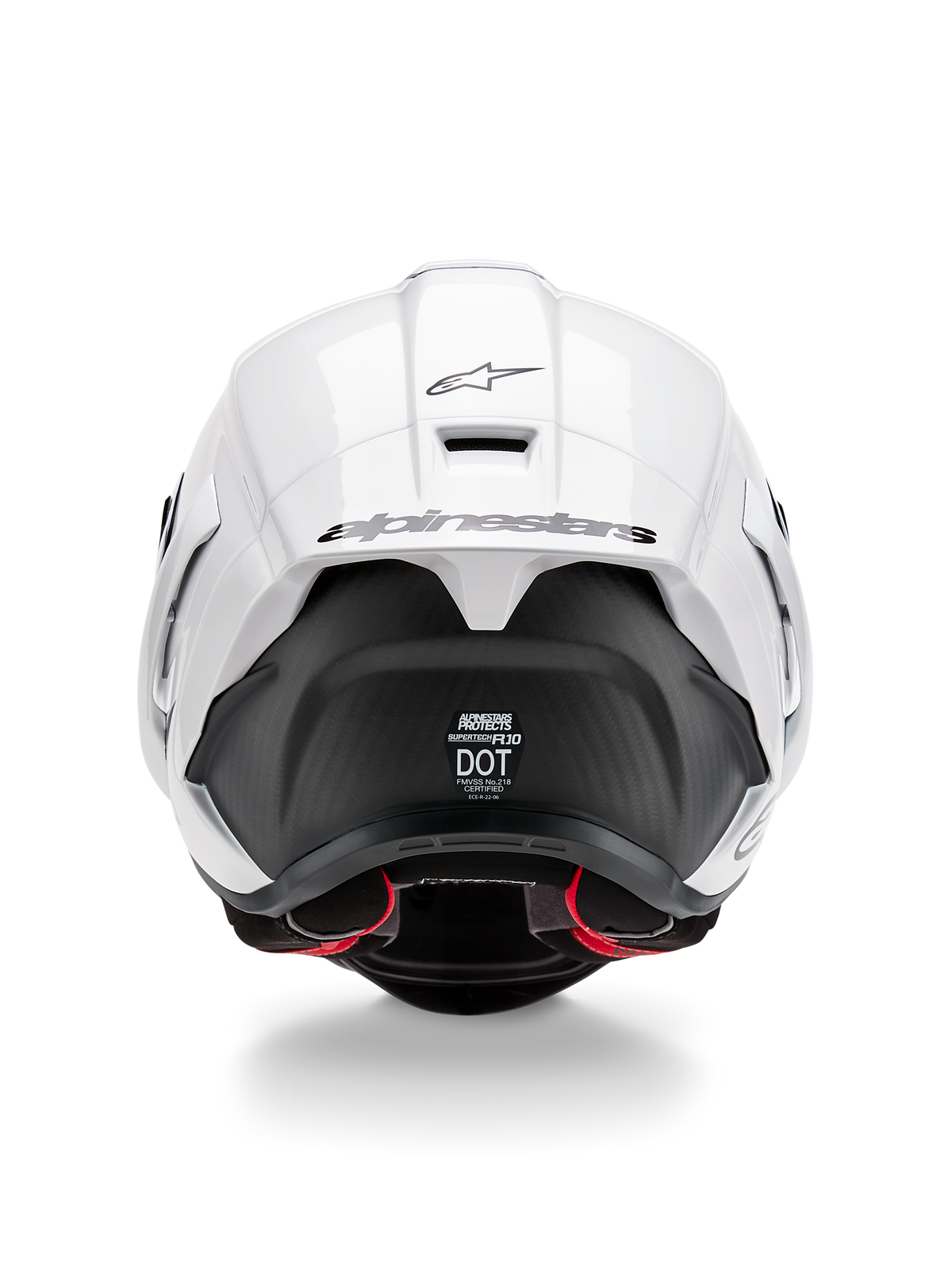 Alpinestars Supertech R10 Solid Helmet, Rear view, White Glossy top with Black Matte lower section, aerodynamic spoiler with black Alpinestars logo, visible carbon fiber texture, and safety certification decals