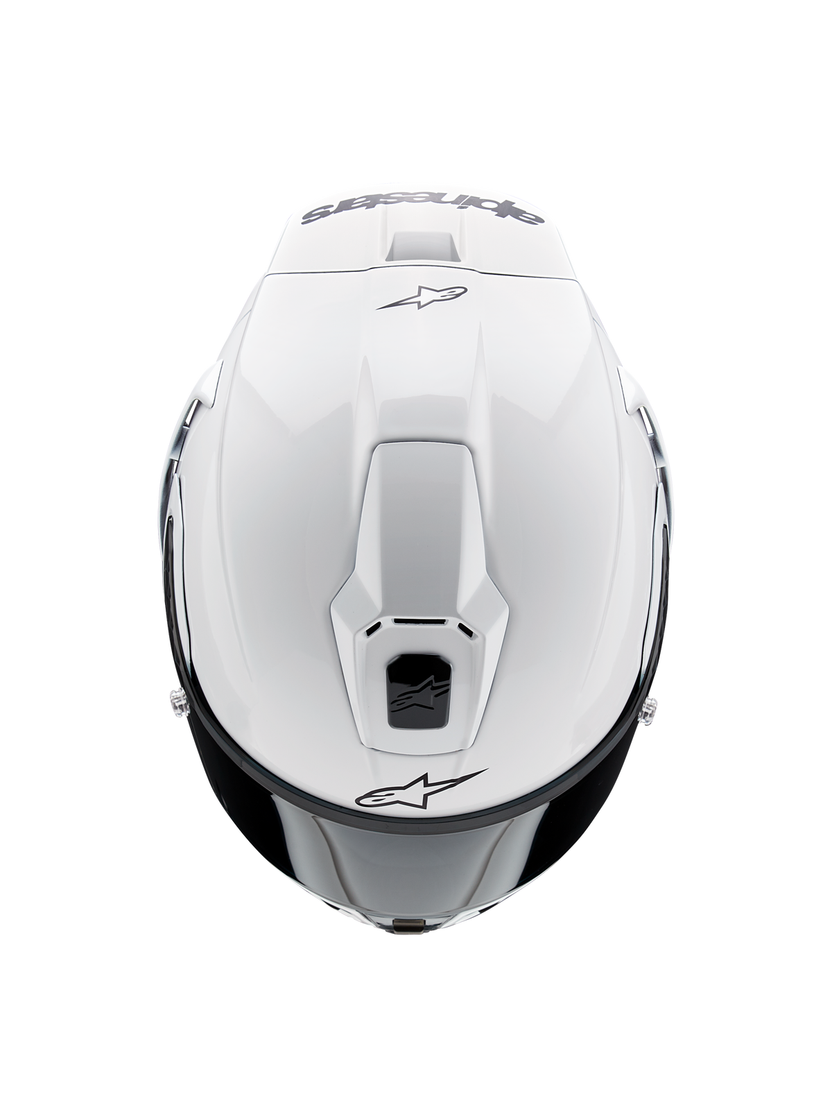 Alpinestars Supertech R10 Solid Helmet, Full-Face Motorcycle Helmet, White Glossy, top-down view highlighting aerodynamic vents and black Alpinestars logos, sleek racing-inspired profile.