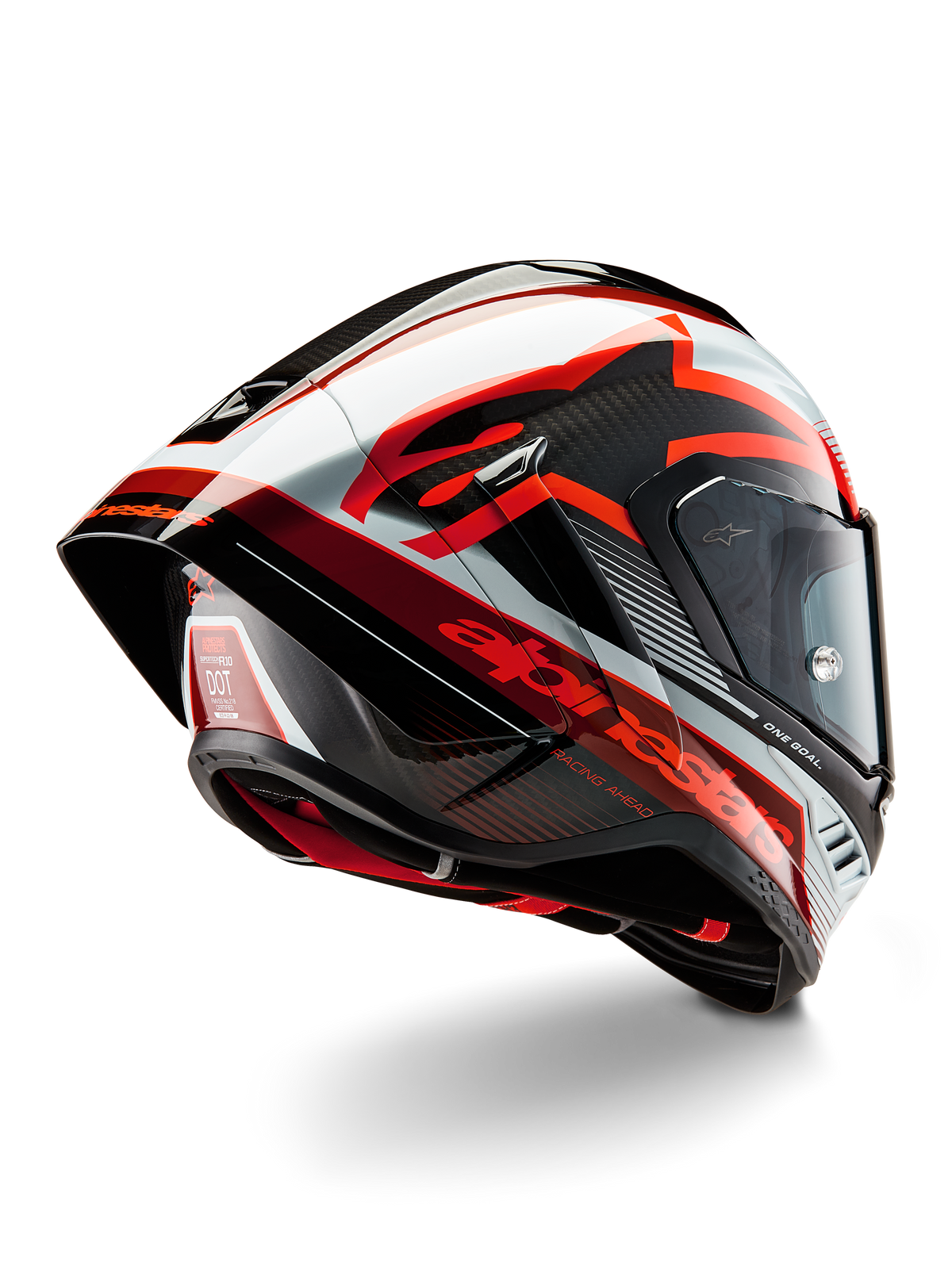 Alpinestars Supertech R10 Team Helmet, Full-Face Racing Helmet, Black Carbon Red and White Glossy, aerodynamic design with rear spoiler and visible carbon fiber texture, featuring bold Alpinestars logos and DOT certification label