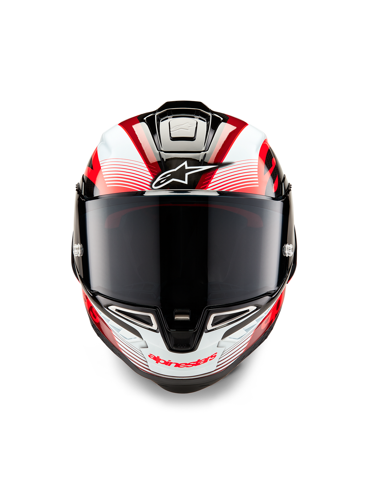 Alpinestars Supertech R10 Team Helmet, Front View, Black Carbon Red and White Glossy, featuring a dark smoke visor, white Astar logo on forehead, red Alpinestars branding on chin bar, aerodynamic race-ready design with intricate graphics