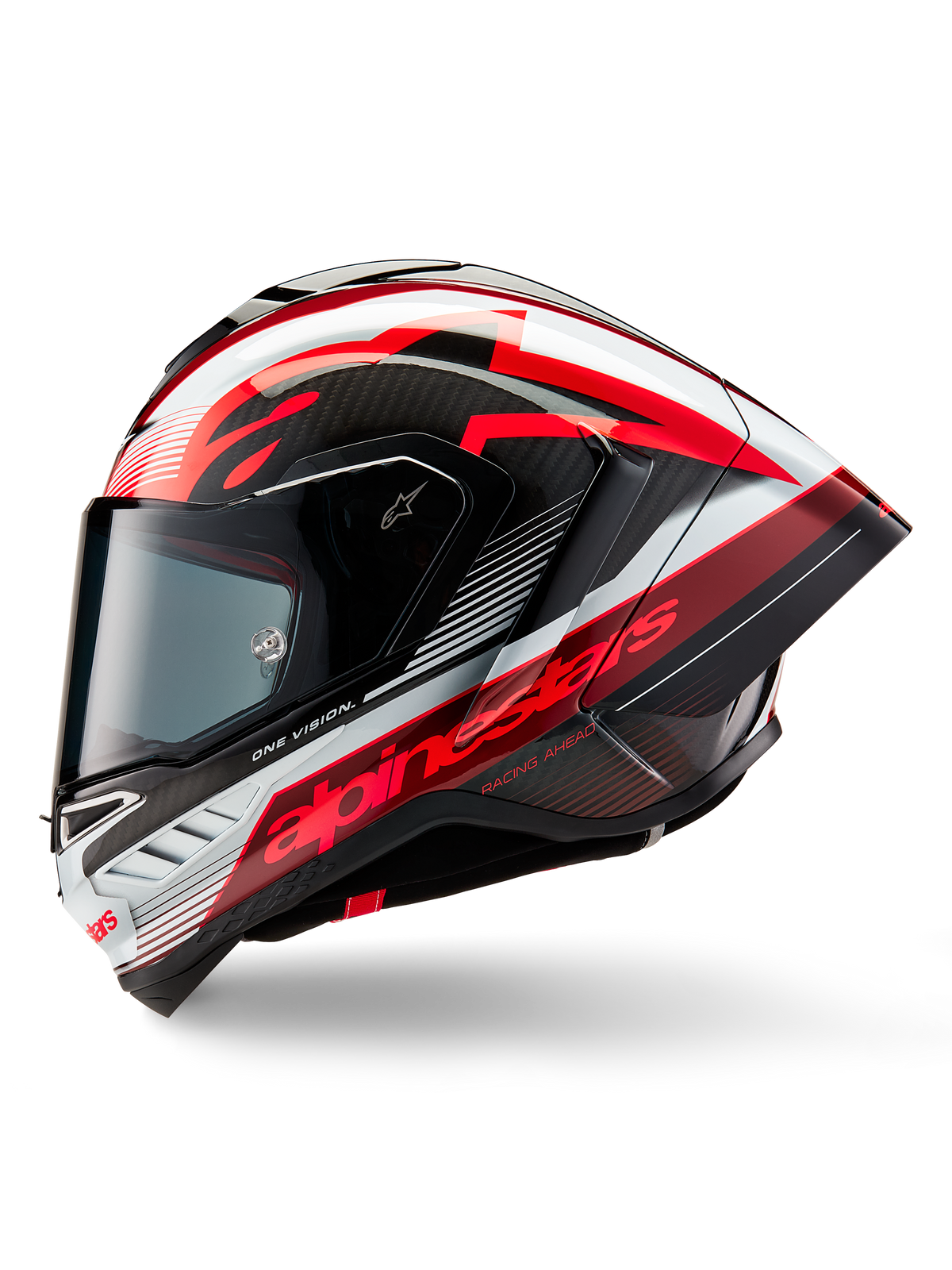 Alpinestars Supertech R10 Team Helmet, full-face motorcycle racing helmet, Black Carbon Red and White Glossy finish, side profile showing aerodynamic design, bold red branding with 'One Vision' and 'Racing Ahead' text, sleek carbon fiber construction for professional performance.