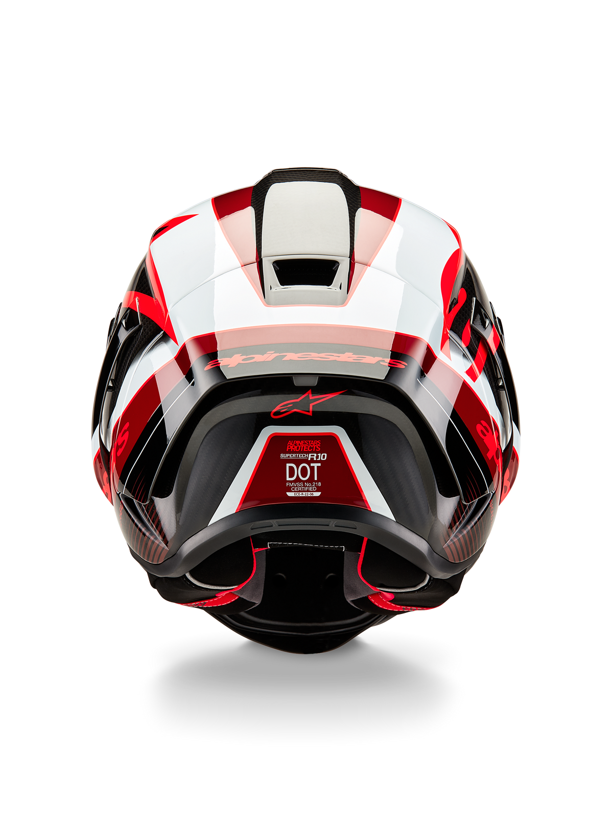 Alpinestars Supertech R10 Team Helmet, Rear View, Black Carbon Red and White Glossy, aerodynamic shell design with bold red and white panels, featuring Alpinestars branding on the spoiler and a red star logo, professional racing motorcycle helmet