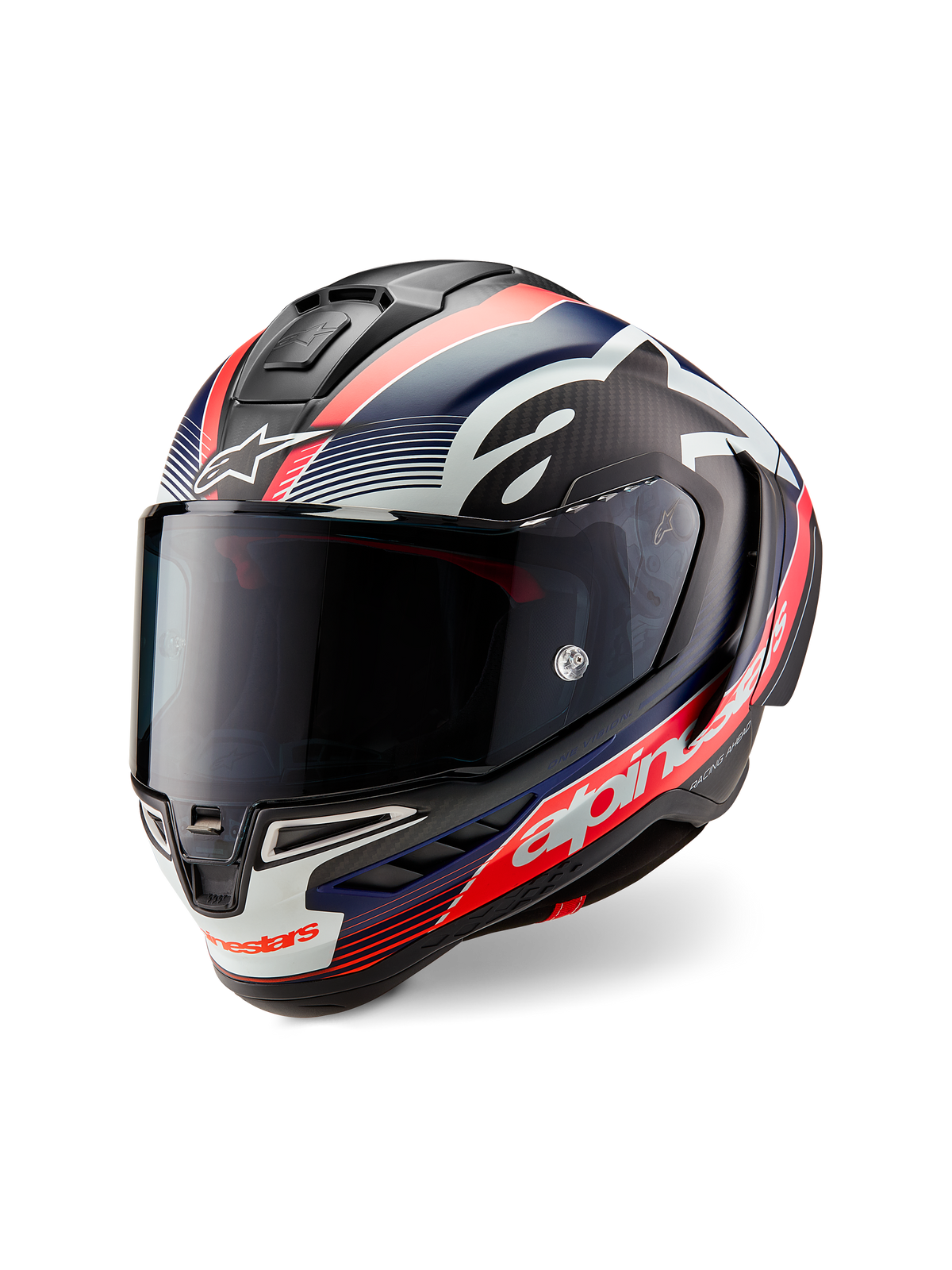 Capacete Alpinestars Supertech R10 Team, Carbono Preto com grafismos em vermelho fluo e azul mate, vista frontal a três quartos, com viseira fumada escura, casco de corrida aerodinâmico e logótipo Alpinestars em branco.