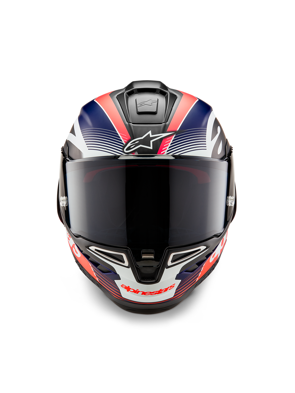 Capacete Alpinestars Supertech R10 Team, capacete integral de corrida para motociclismo, em carbono preto com grafismos em azul mate e vermelho fluo, vista frontal com viseira fumada escura, design aerodinâmico com entradas de ar integradas, equipamento de corrida de alta performance