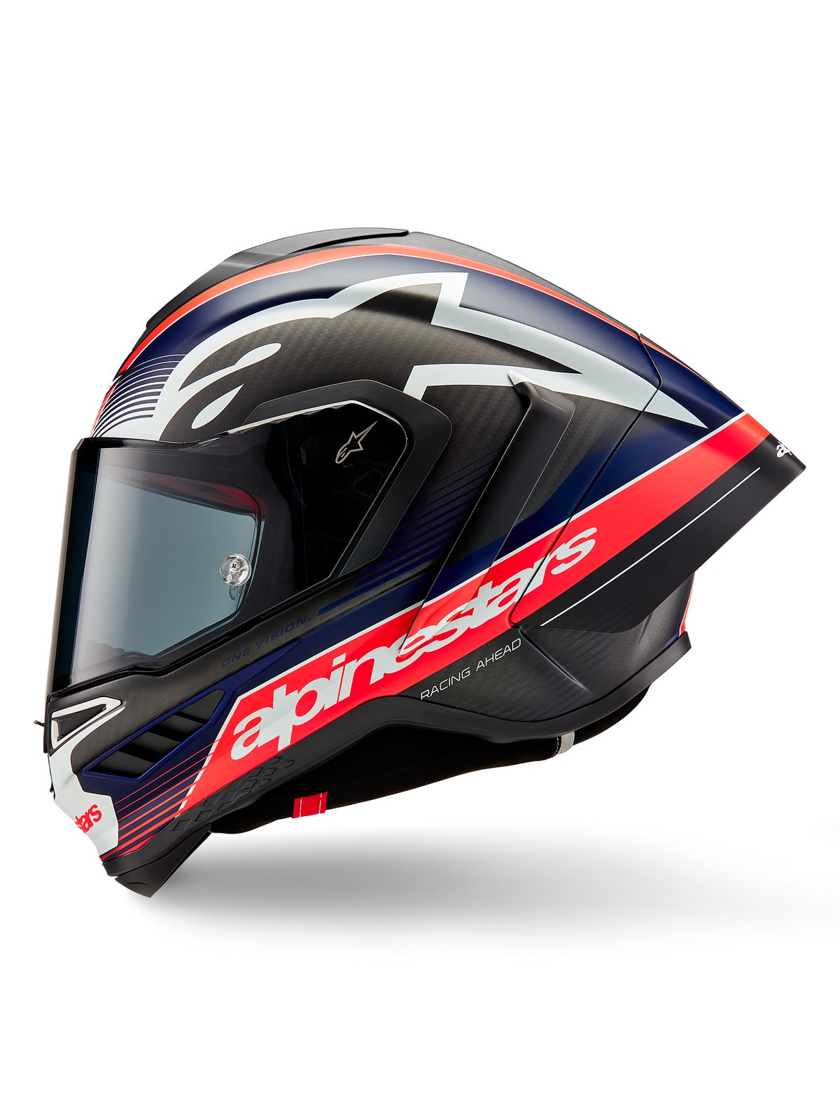 Capacete Alpinestars Supertech R10 Team, vista de perfil lateral, em preto carbono, vermelho fluo e azul mate, com um grande logótipo Alpinestars branco numa risca vermelha, calota aerodinâmica em fibra de carbono com viseira fumada, equipamento de competição de alta performance para motociclismo