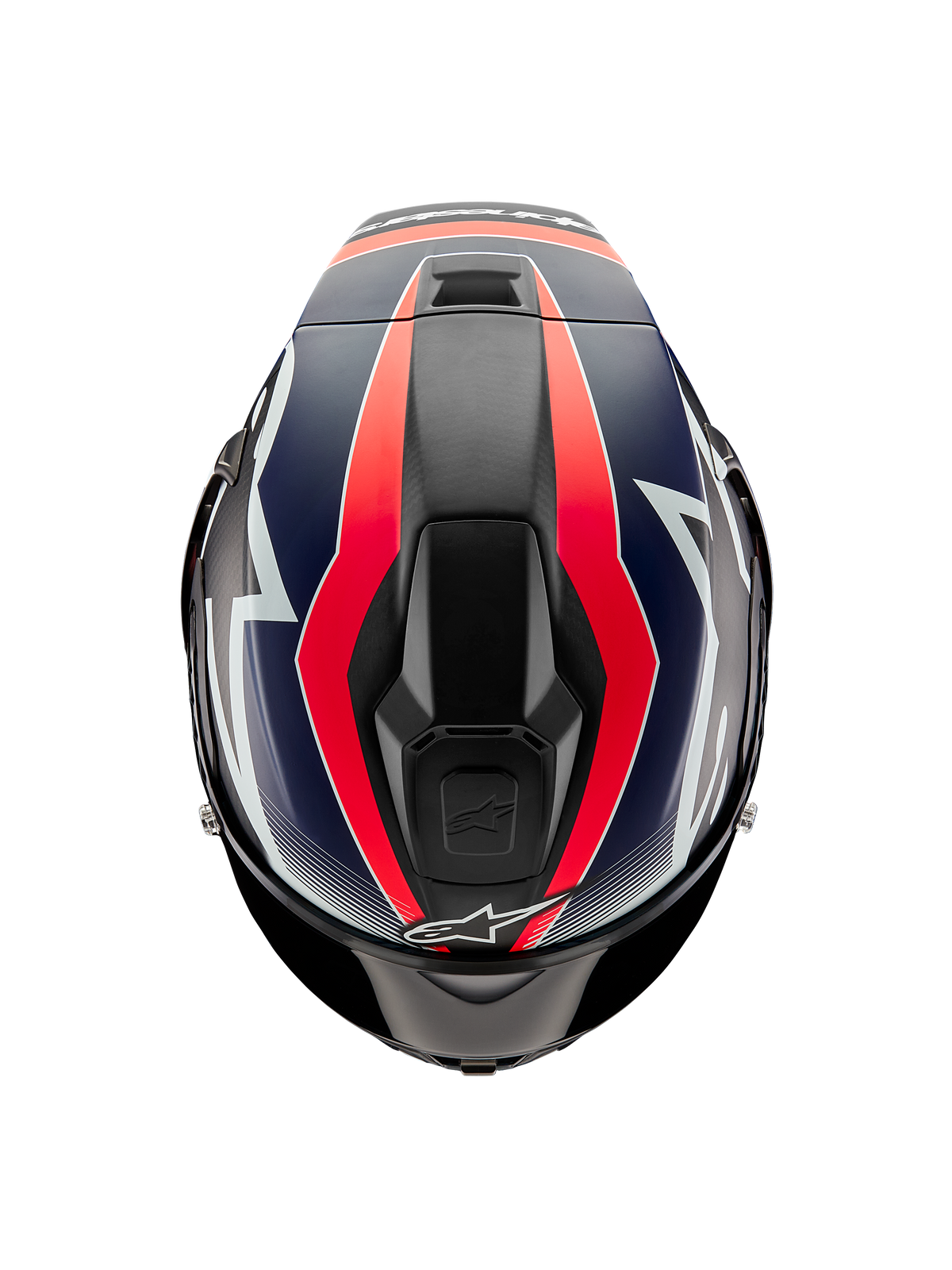 Capacete Alpinestars Supertech R10 Team, vista superior, em Carbono Preto com grafismos Vermelho Fluo e Azul Mate, apresentando um design de calota aerodinâmico com entradas de ventilação superiores e pormenores de corrida arrojados.